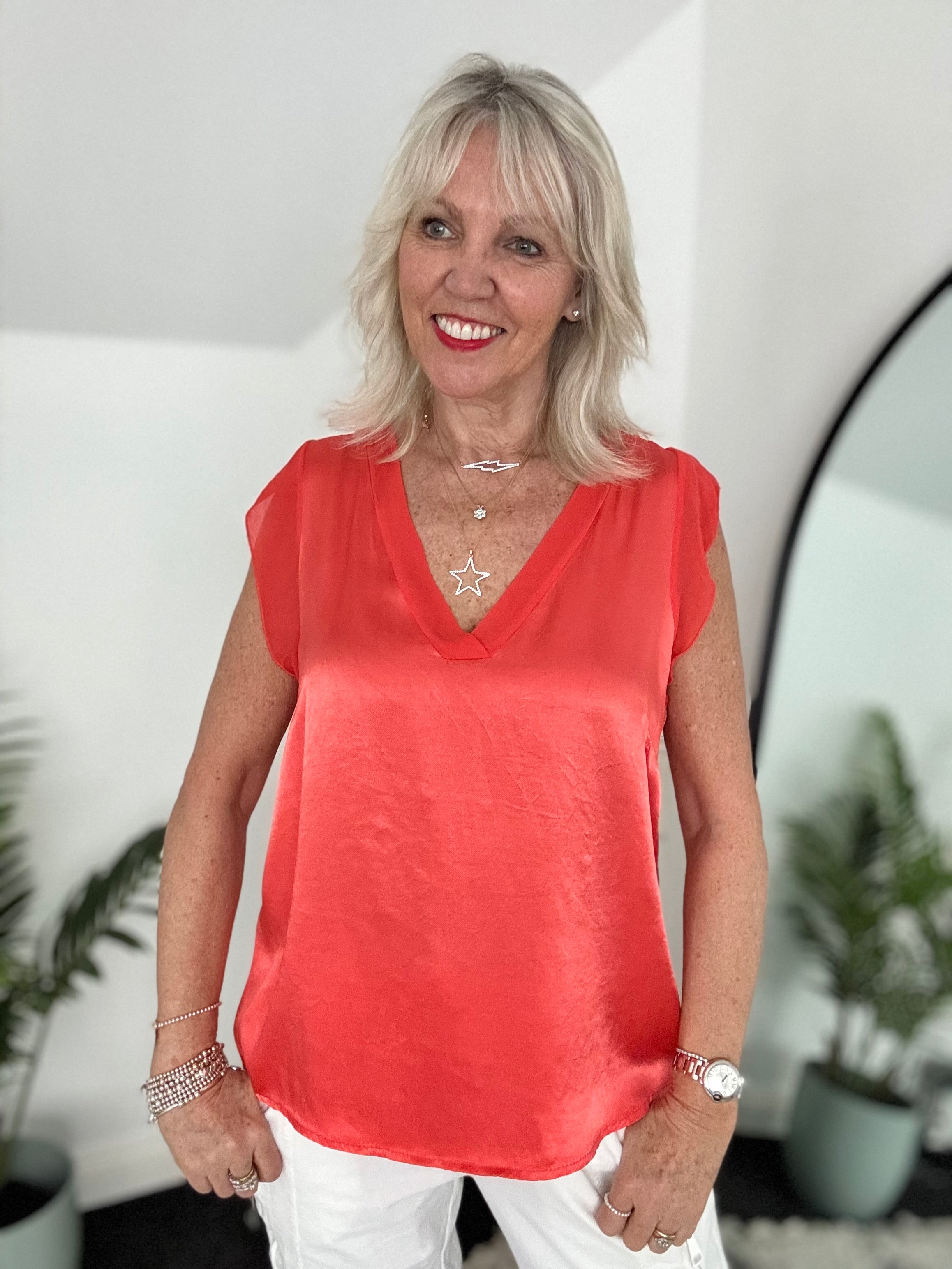 Silky V Neck Tank in Coral