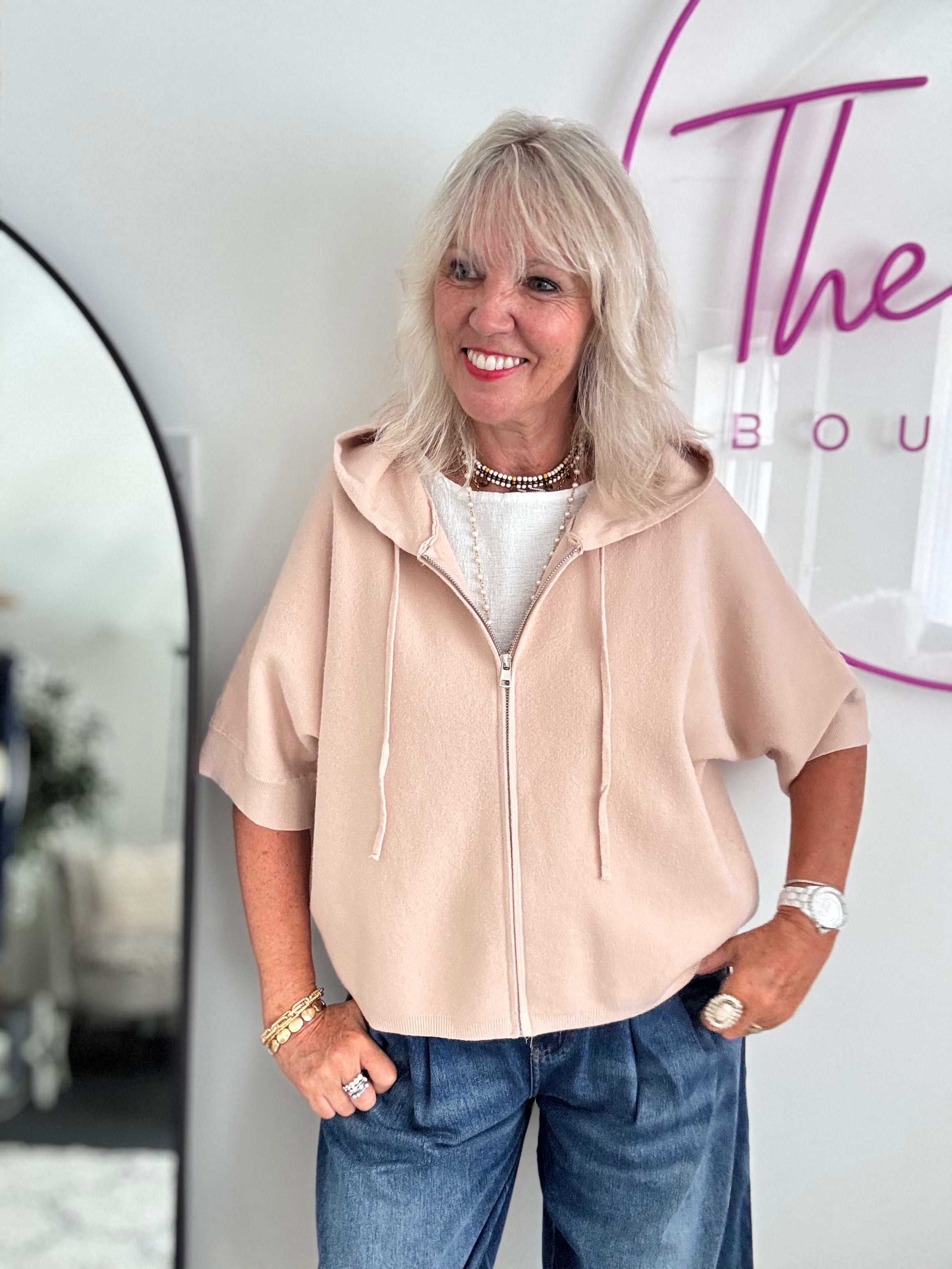 Soft Hooded Zipped Knit in Pink
