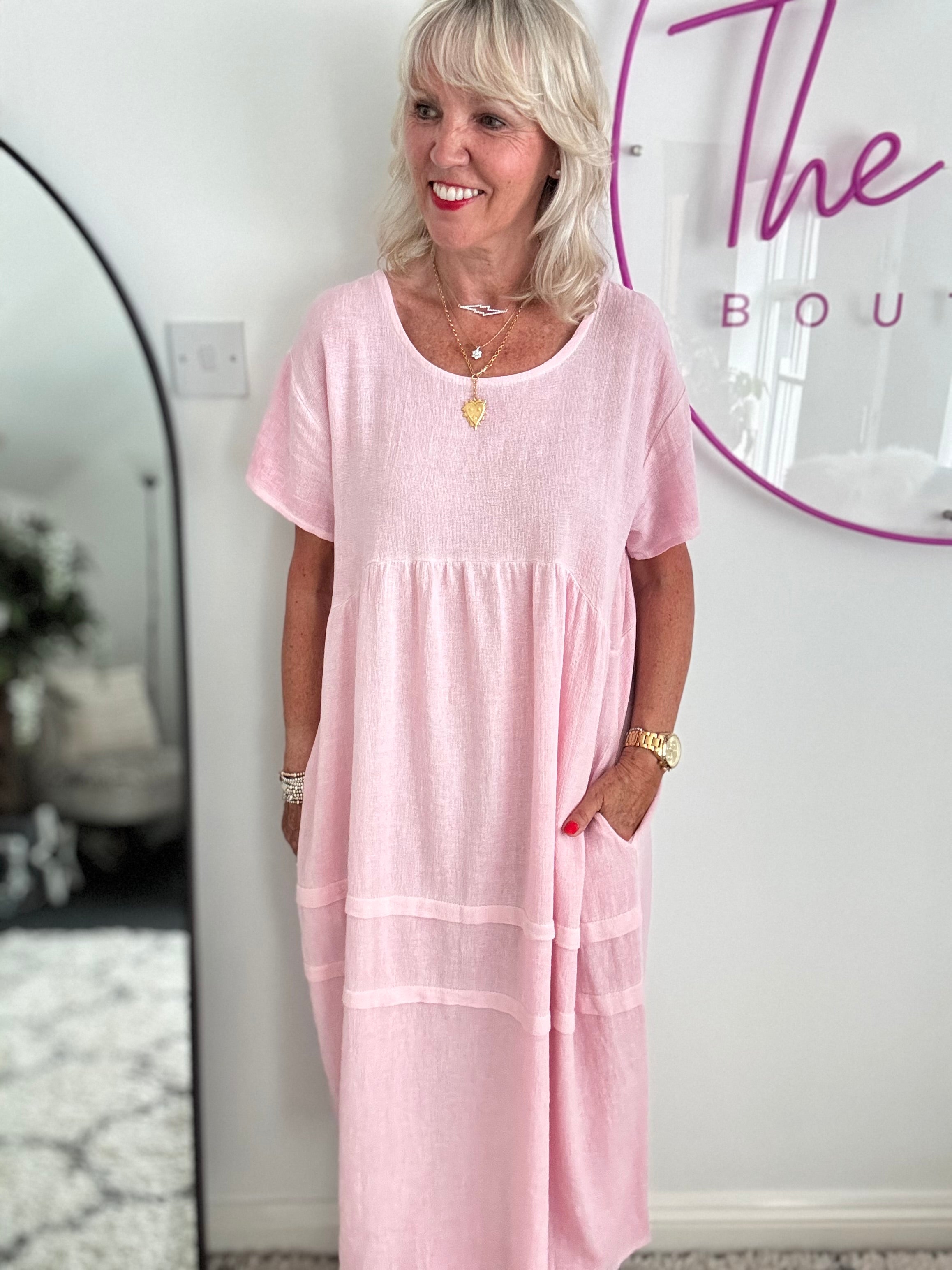 Cotton & Linen Cocoon Dress in Baby Pink
