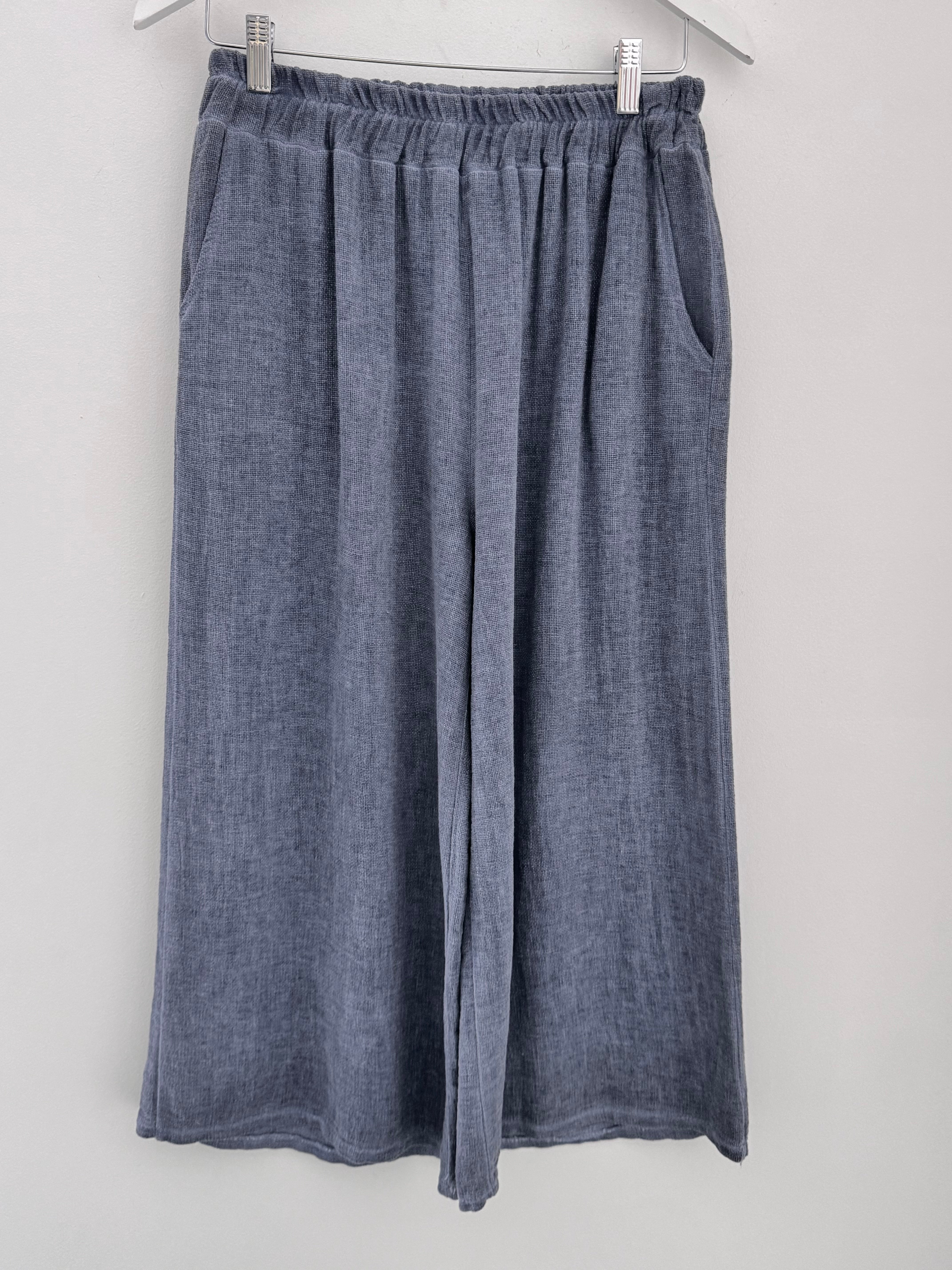 Linen & Cotton Crop Trousers in Denim Blue
