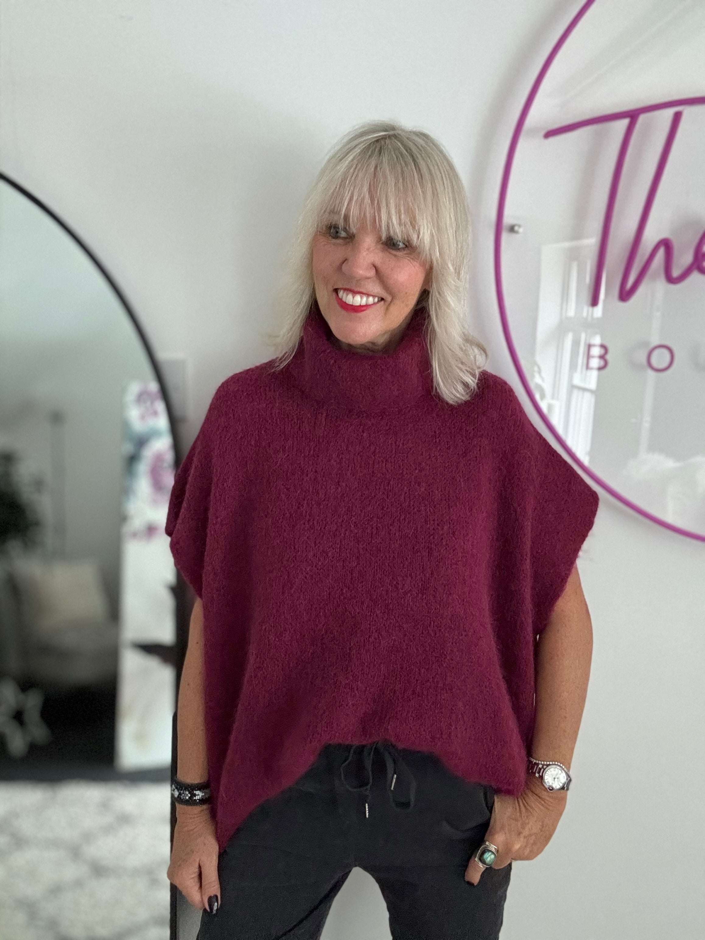 Alpaca Roll Neck Tank in Wine