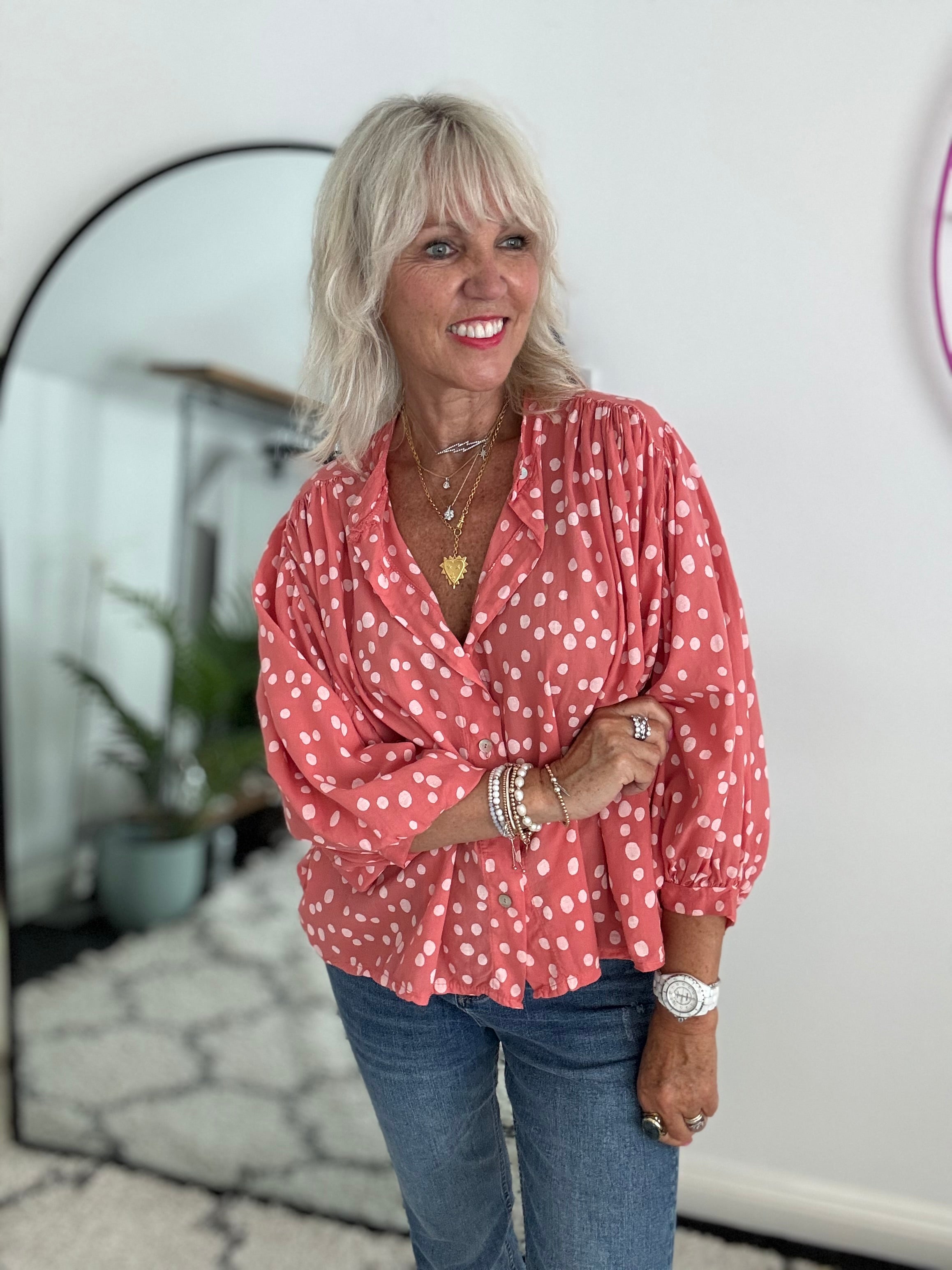 Cotton Batwing Blouse in Coral Spot