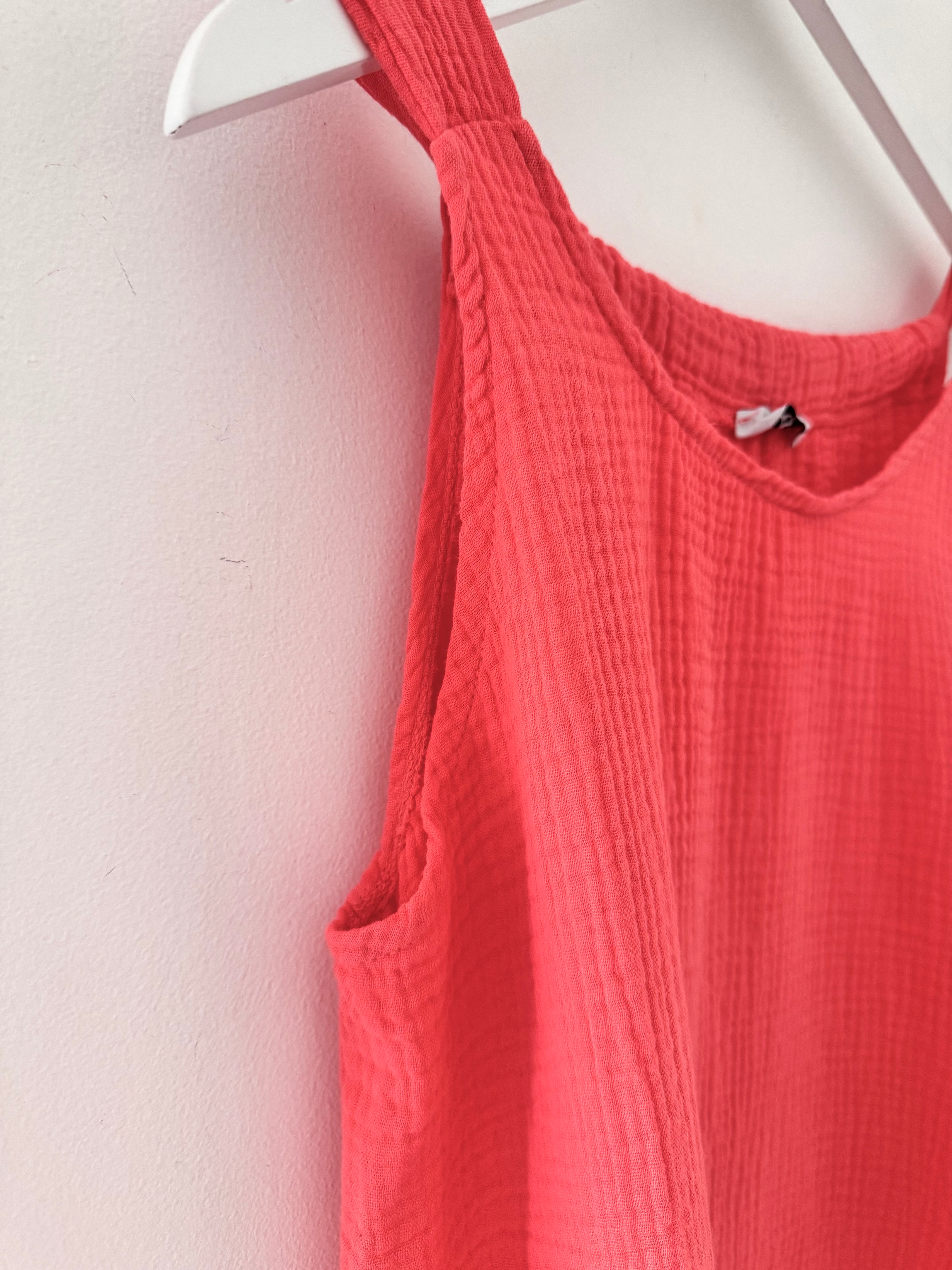 Simple Cheesecloth Pocket Dress in Coral