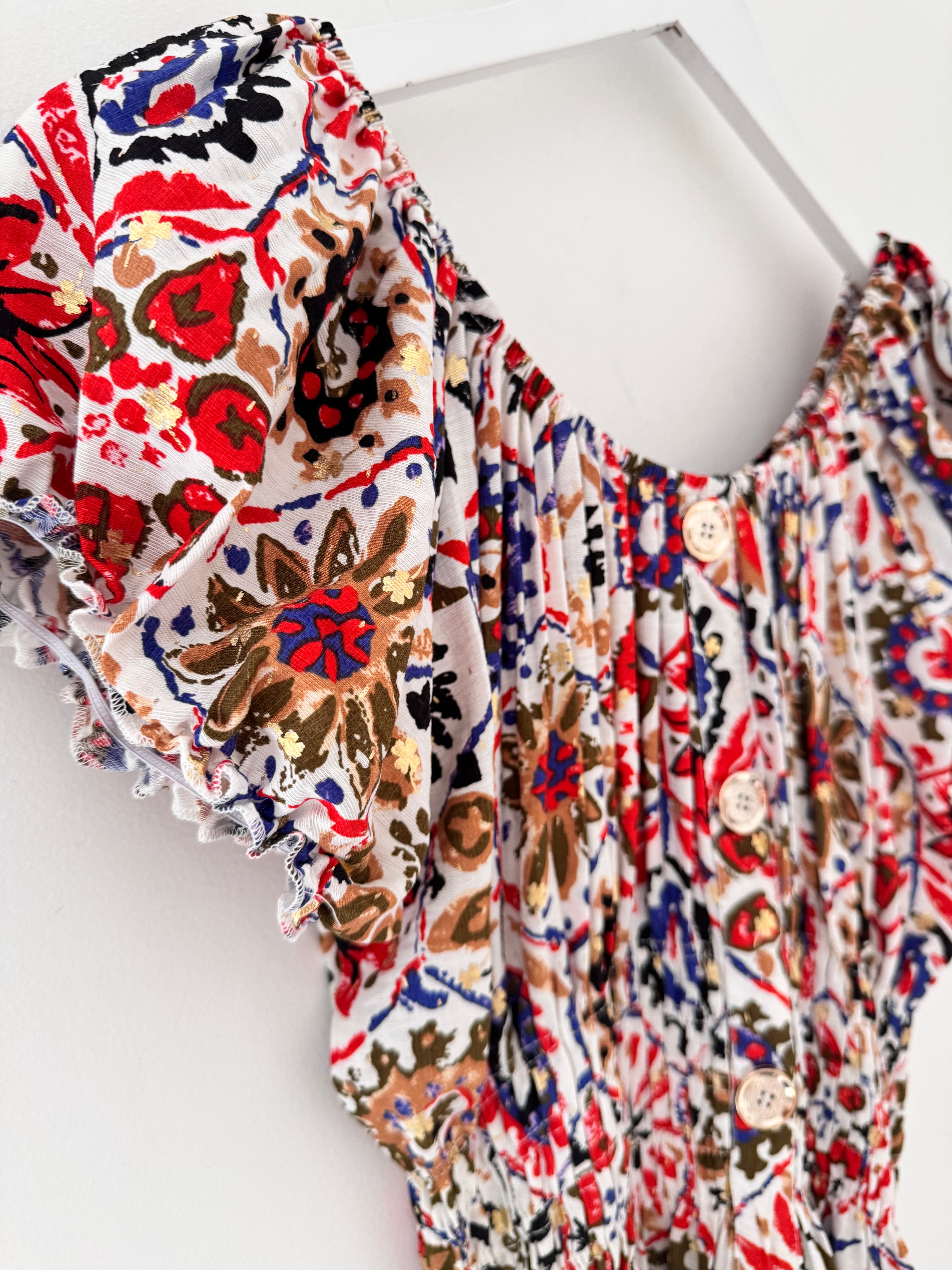 Bardot Dress in Red & Blue Print