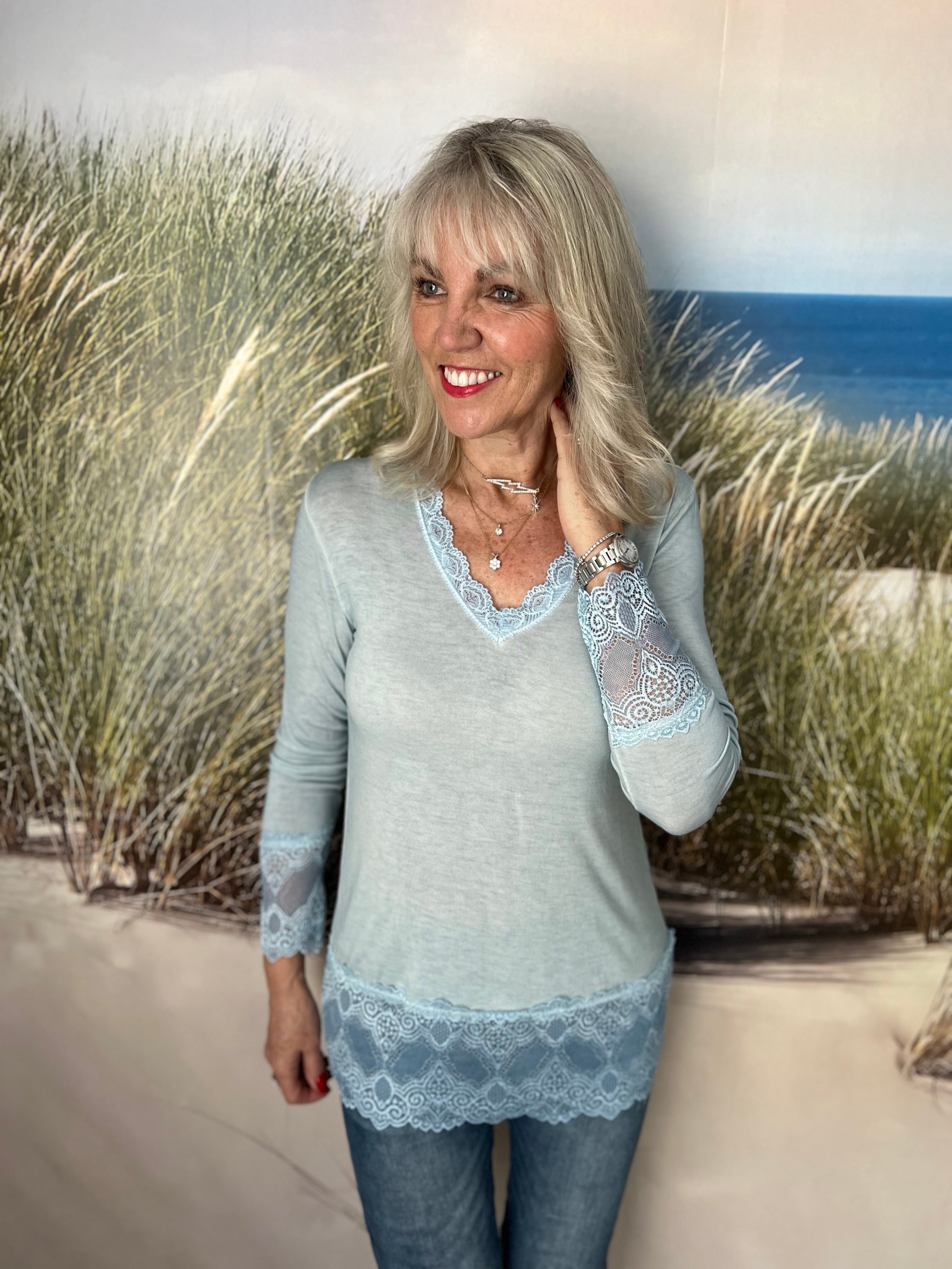 Luxe Base Top with Lace Trim in Pale Blue