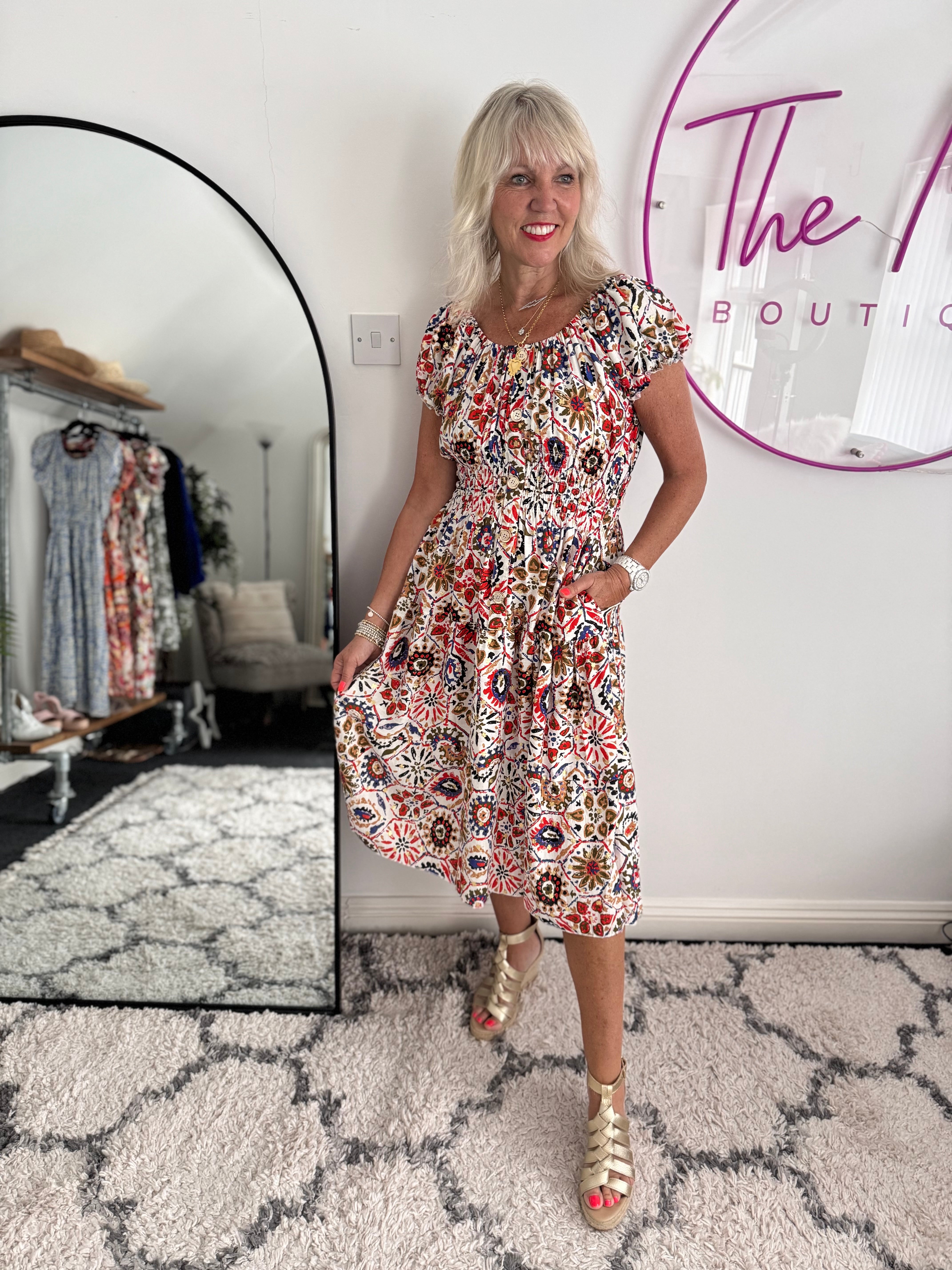 Bardot Dress in Red & Blue Print