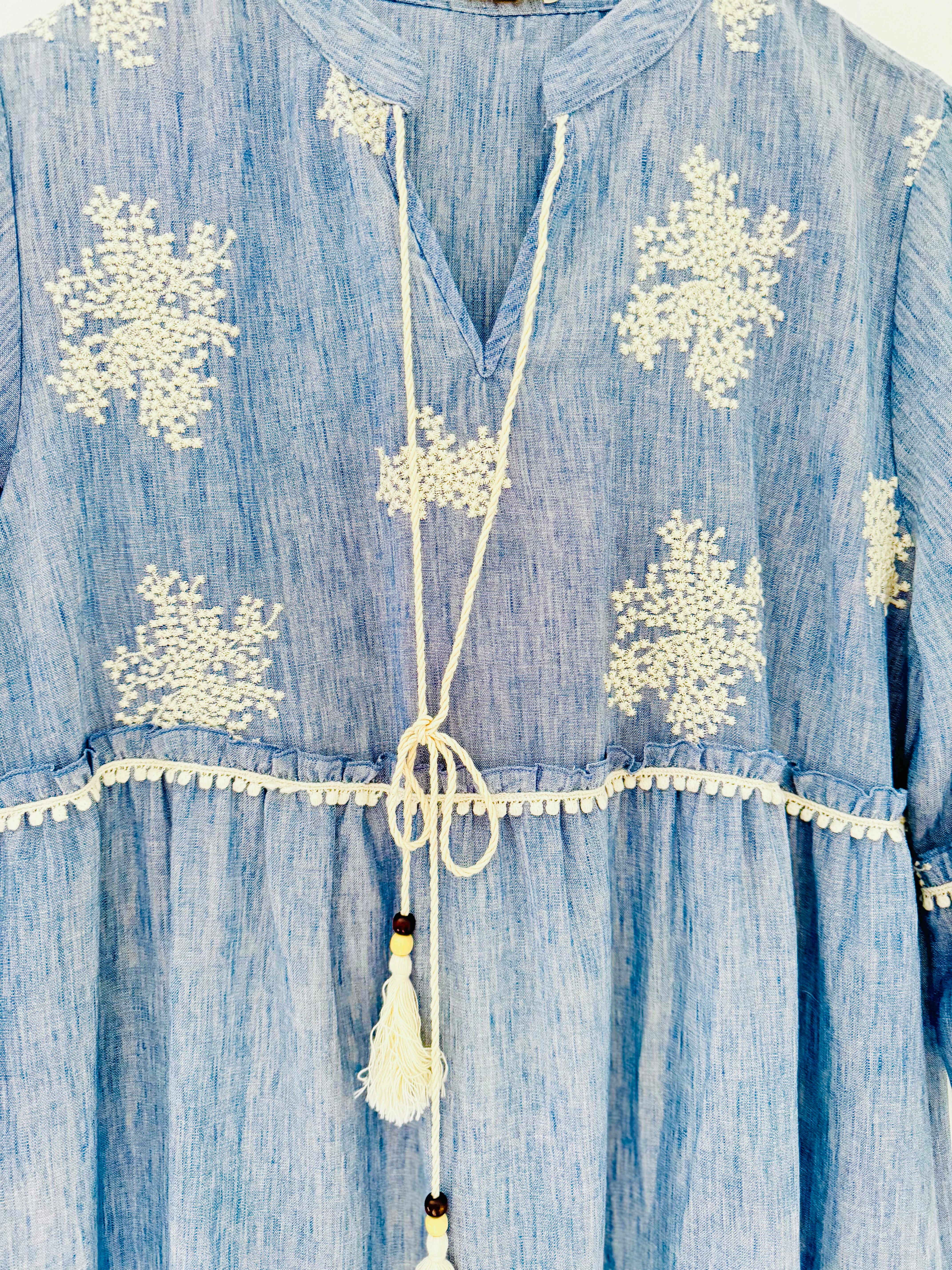 Embroidered Tiered Dress in Blue & White