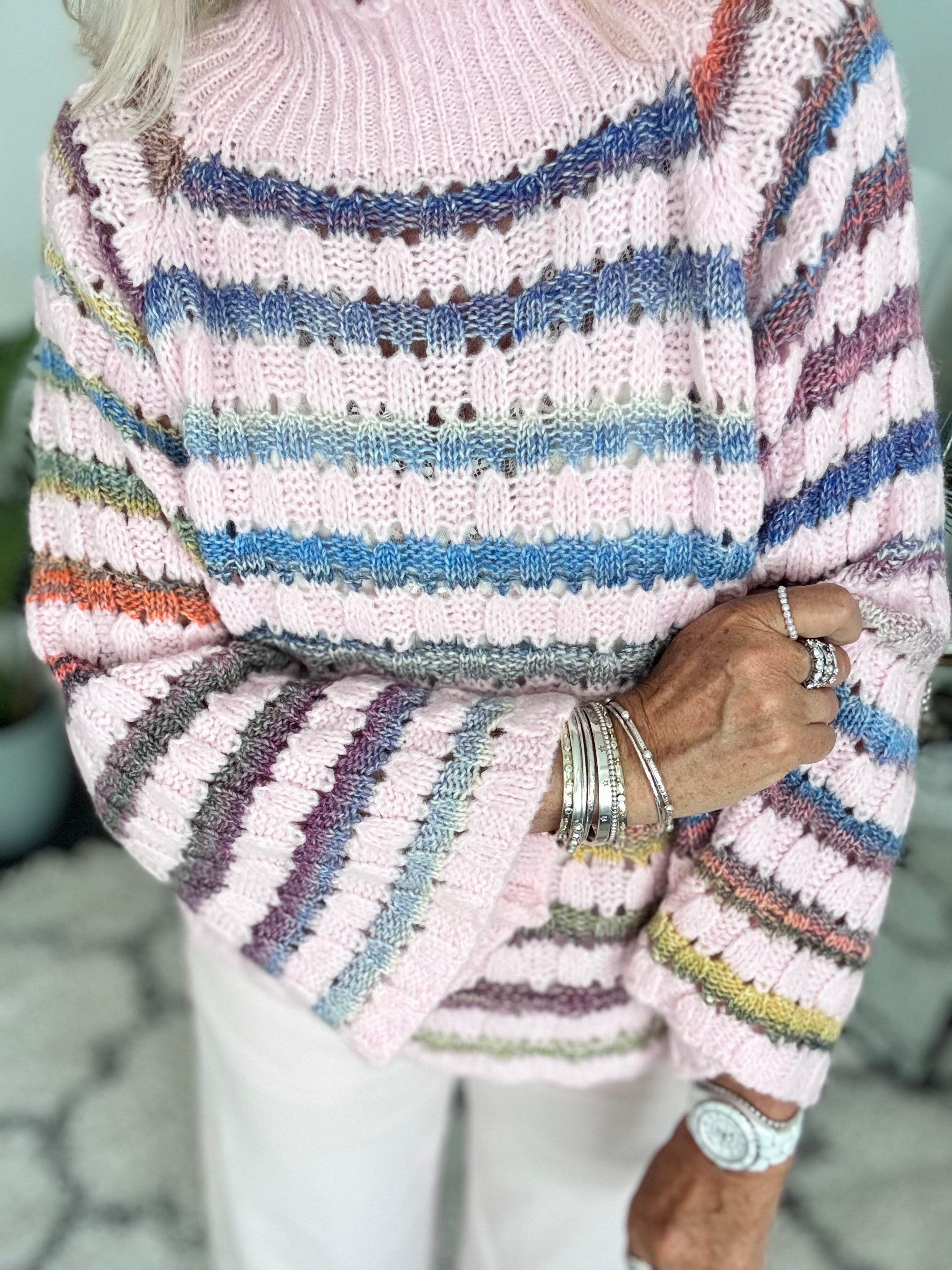 Funnel Neck Stripe Jumper in Soft Pink