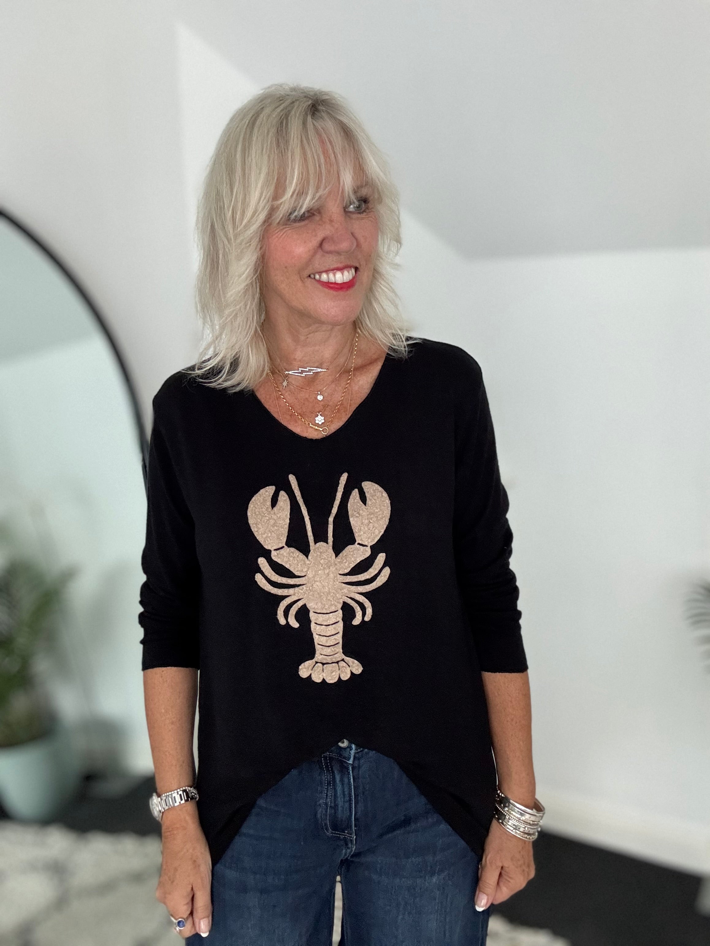 Soft V Neck Lobster Knit in Black