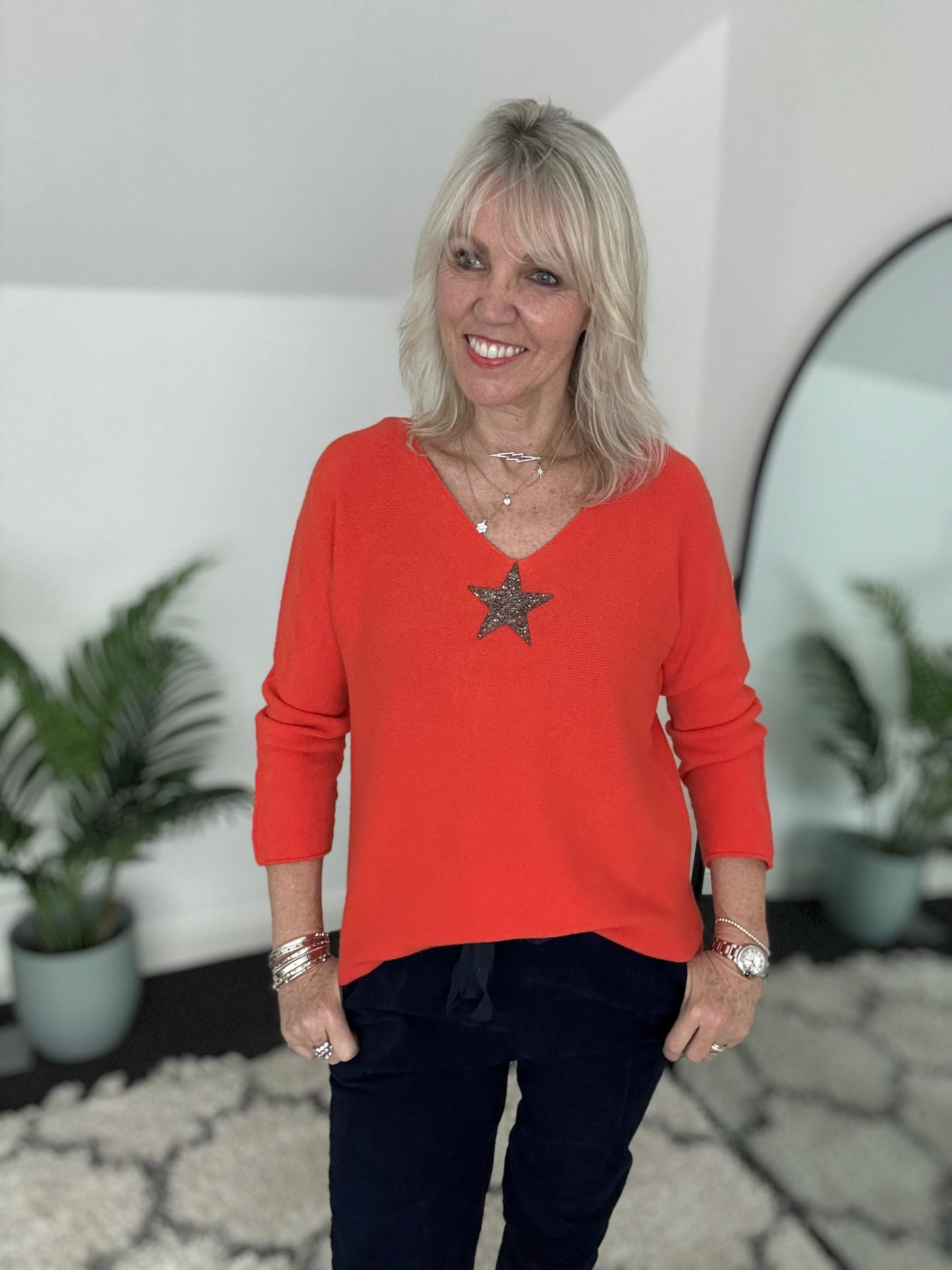 V Neck Glitter Star Jumper in Orange