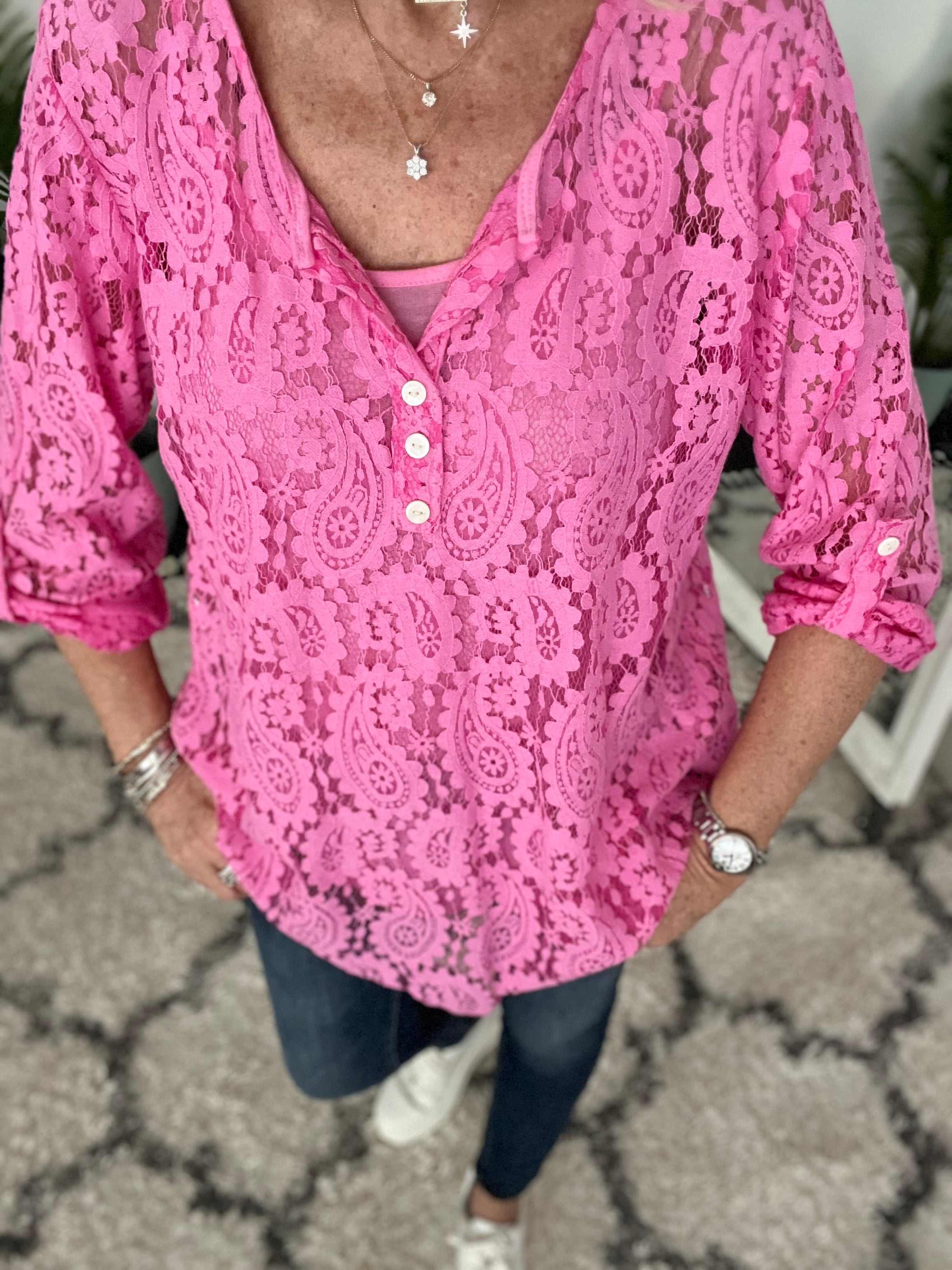 Lace Blouse & Cami in Bright Pink