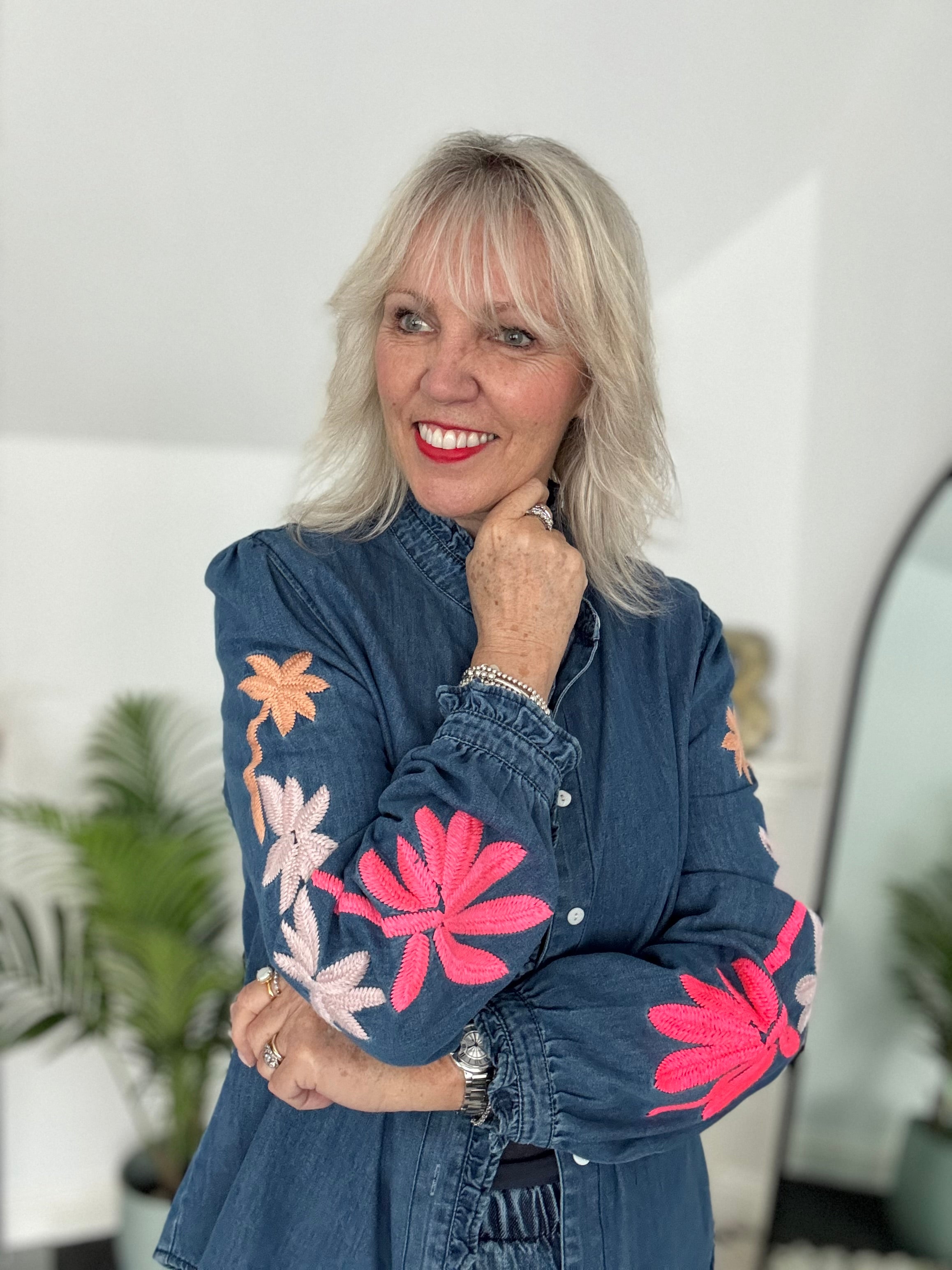 Luxe Denim Blouse with Embroidered Sleeves