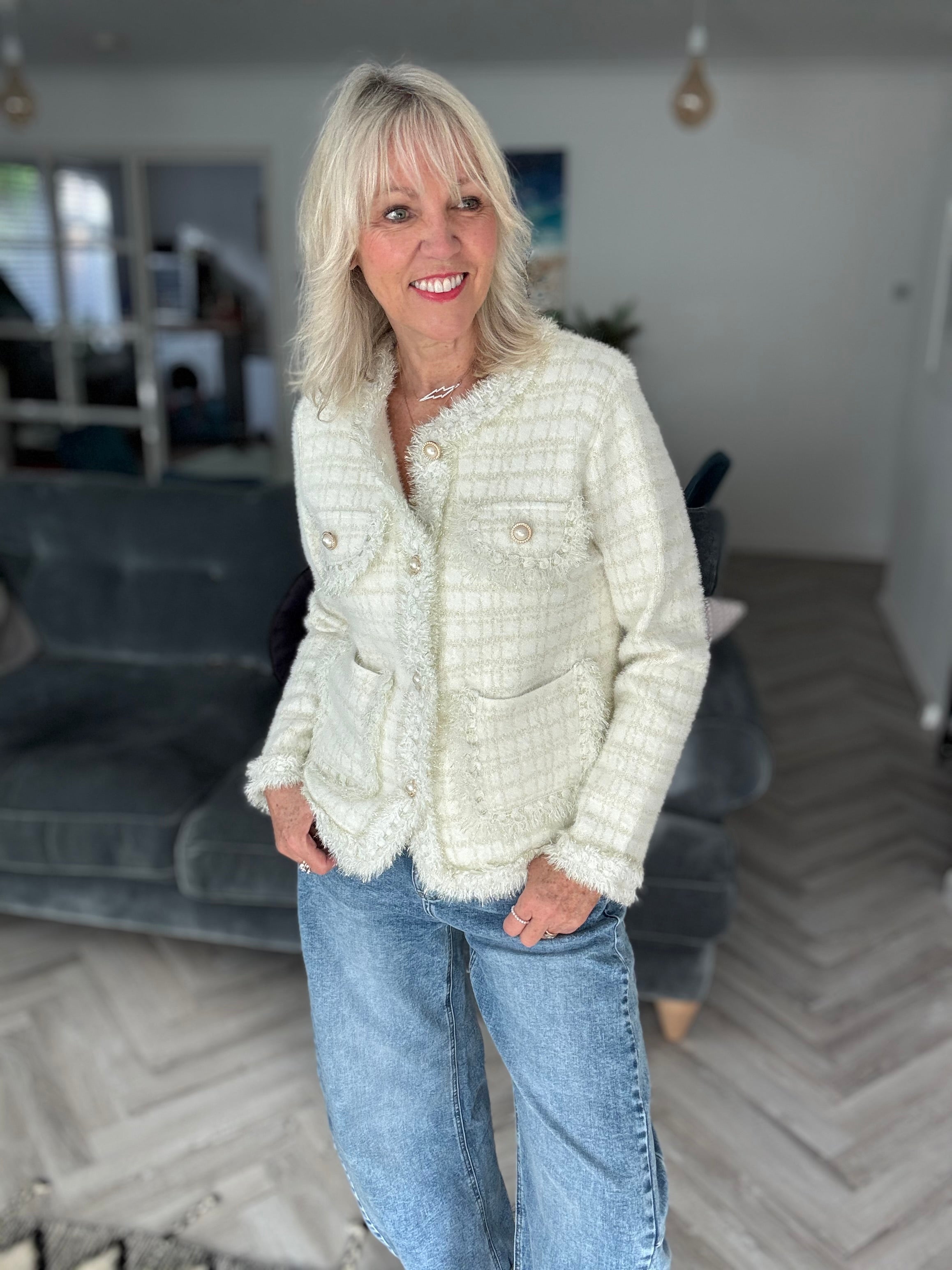 Pearl Button & Tweed Cardi Jacket in Ivory & Gold