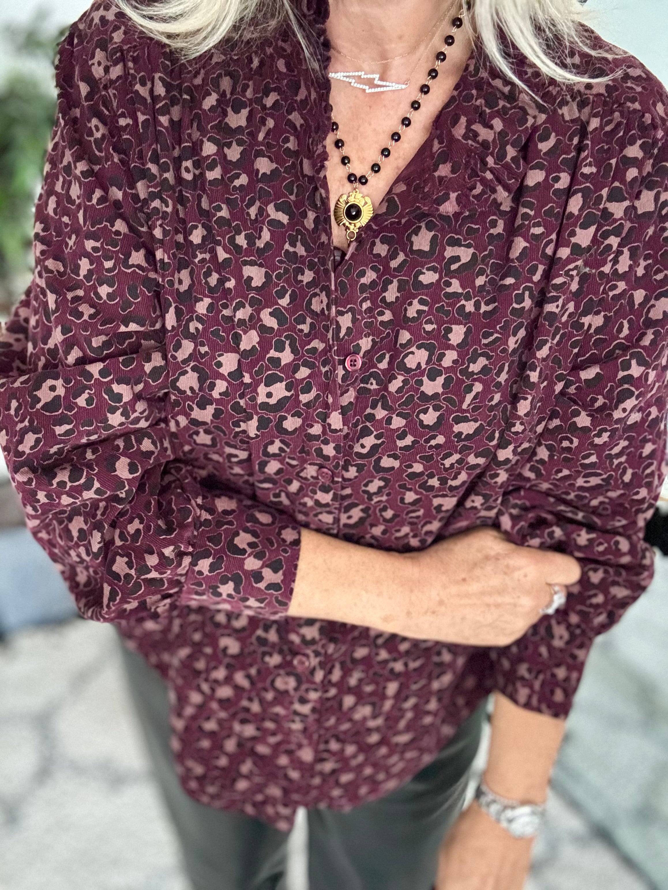 Needlecord Ruffle Blouse in Damson Leopard