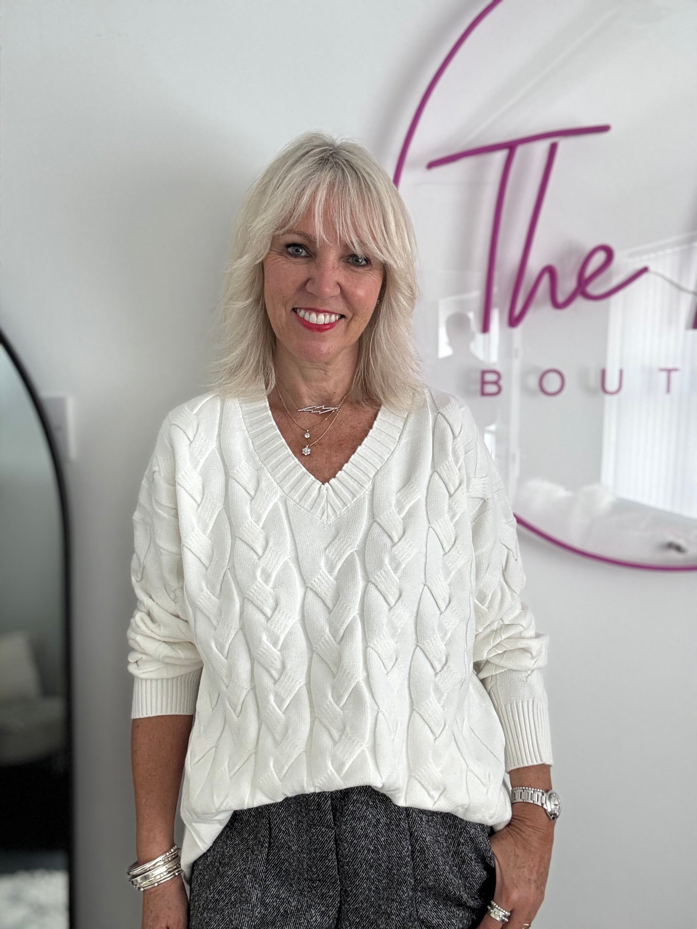 V Neck Cable Jumper in Winter White