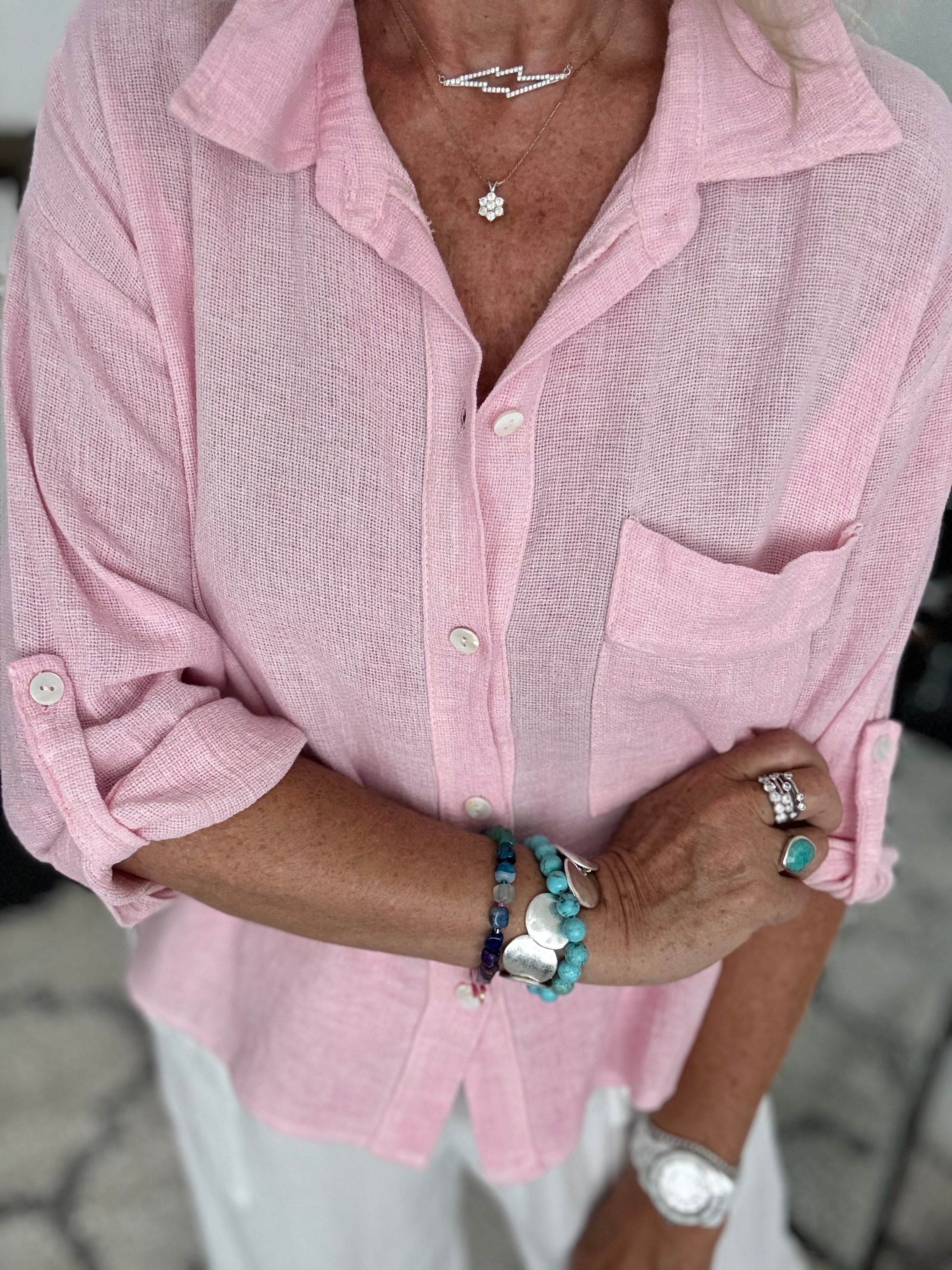 Linen & Cotton Pocket Top in Pink