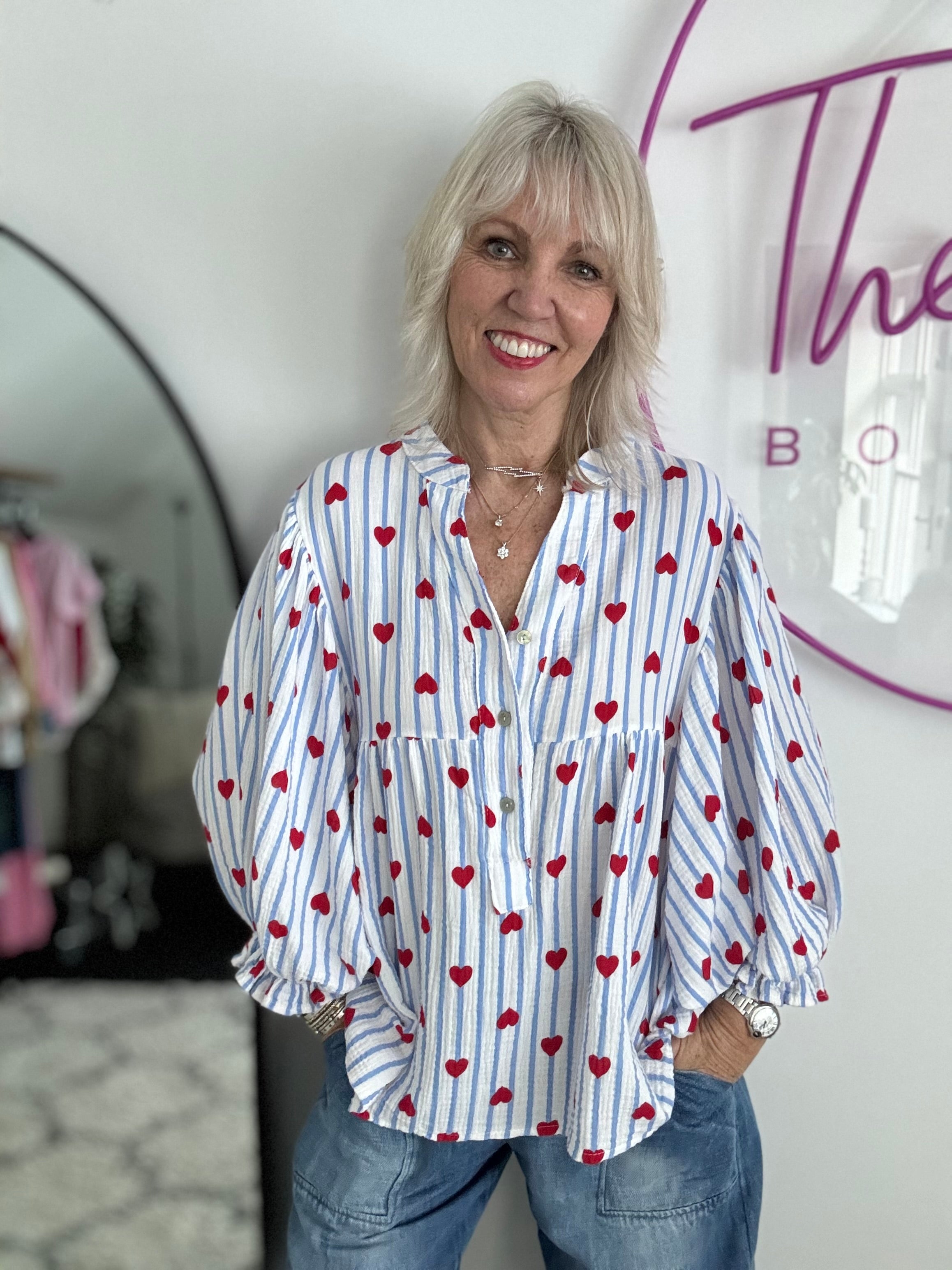 Oversized Cheesecloth Heart Blouse in Blue & Red