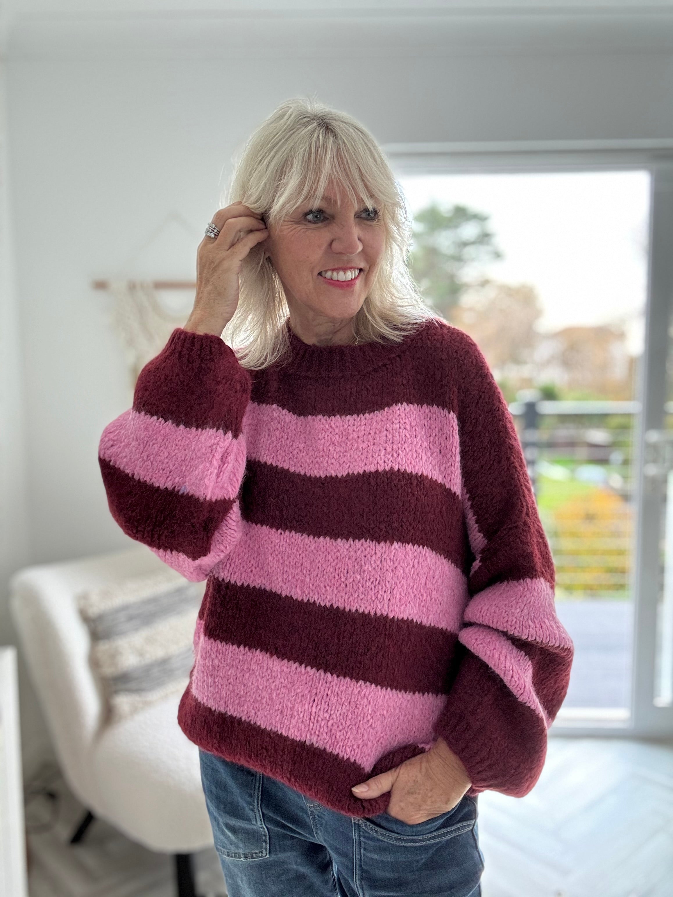 Stripe Jumper in Wine & Pink