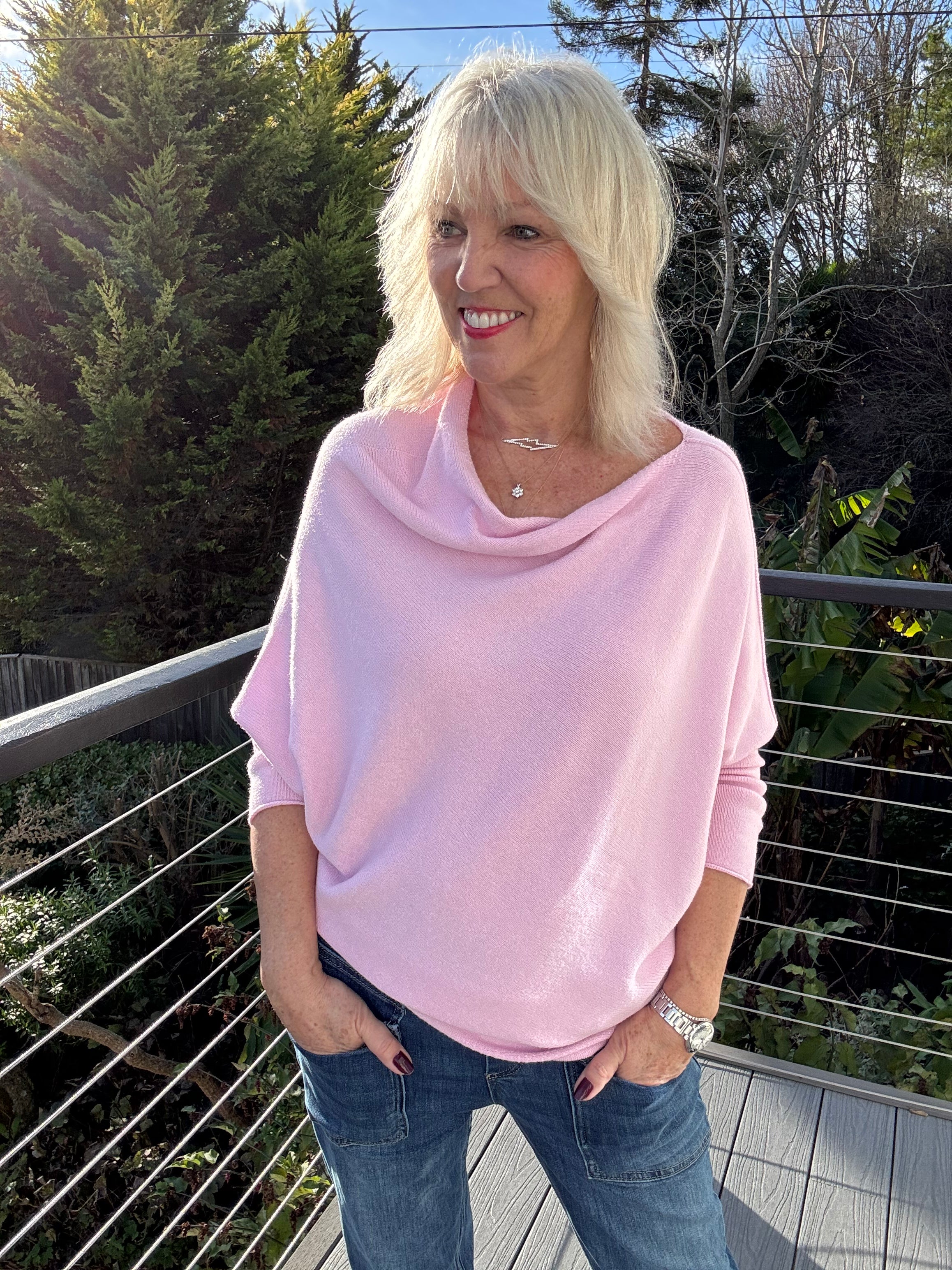 Cowl Neck Asymmetric Jumper in Pink