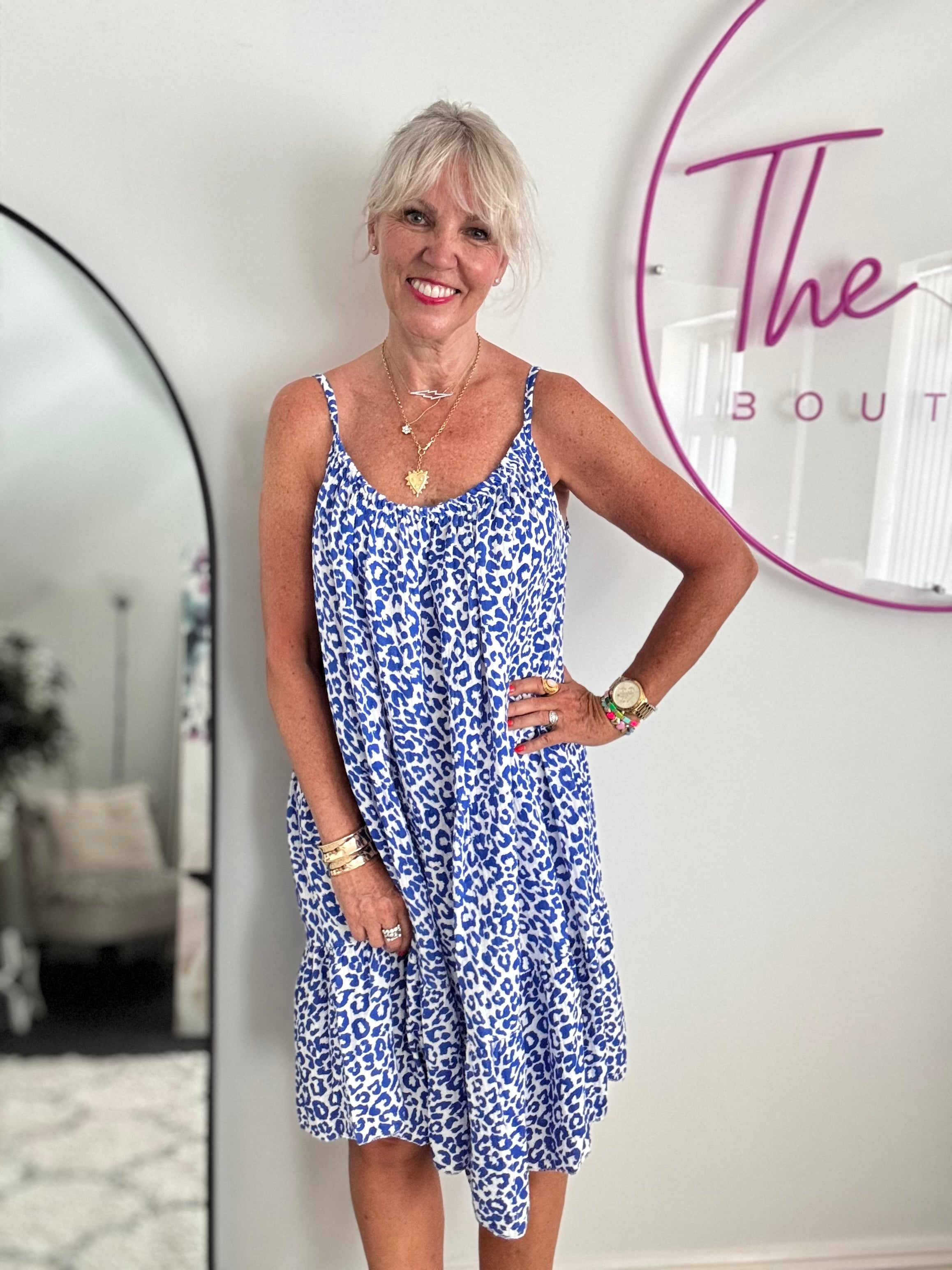Leopard Cheesecloth Dress in Sapphire & White