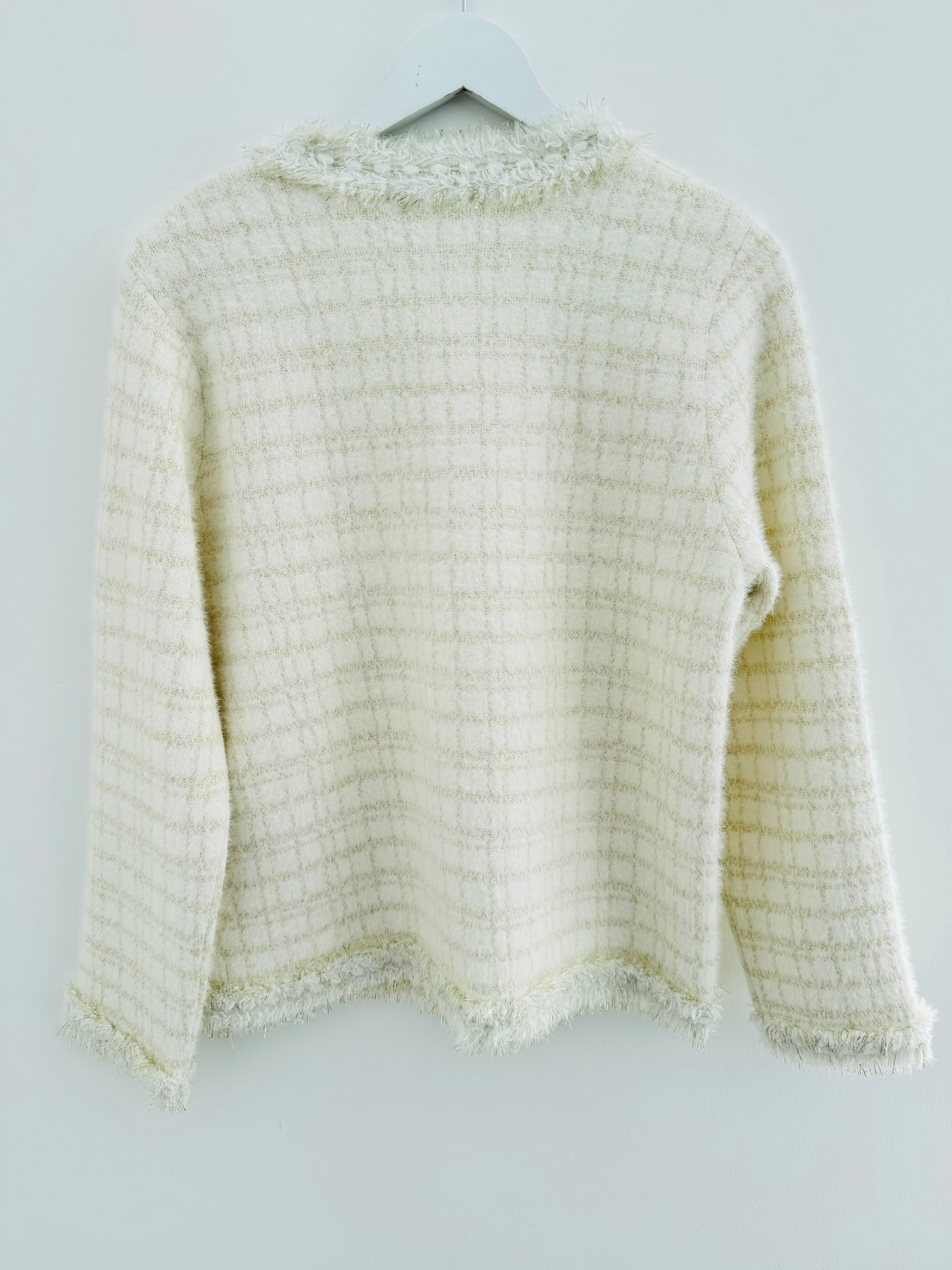 Pearl Button & Tweed Cardi Jacket in Ivory & Gold