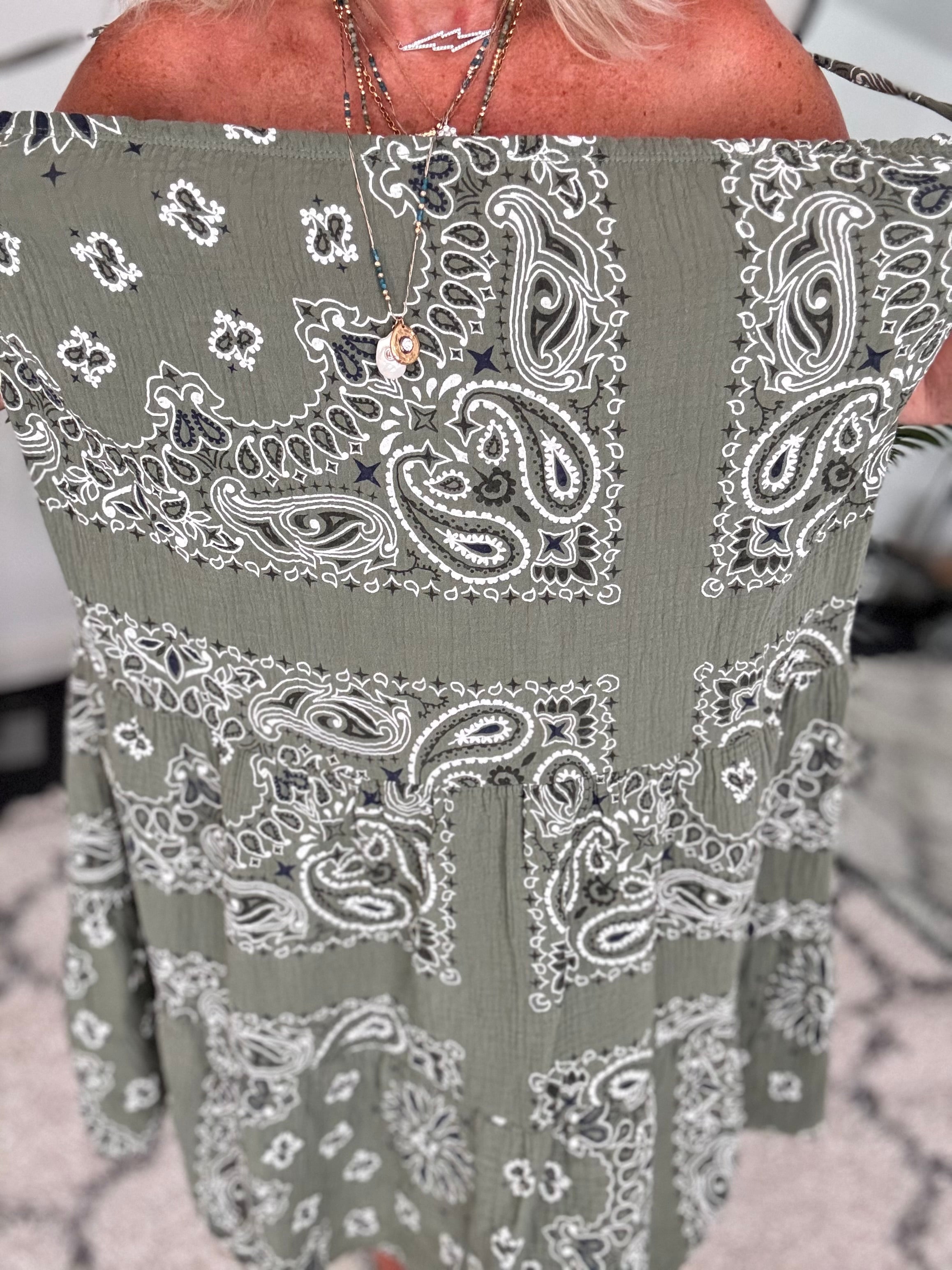 Paisley Cheesecloth Dress in Khaki