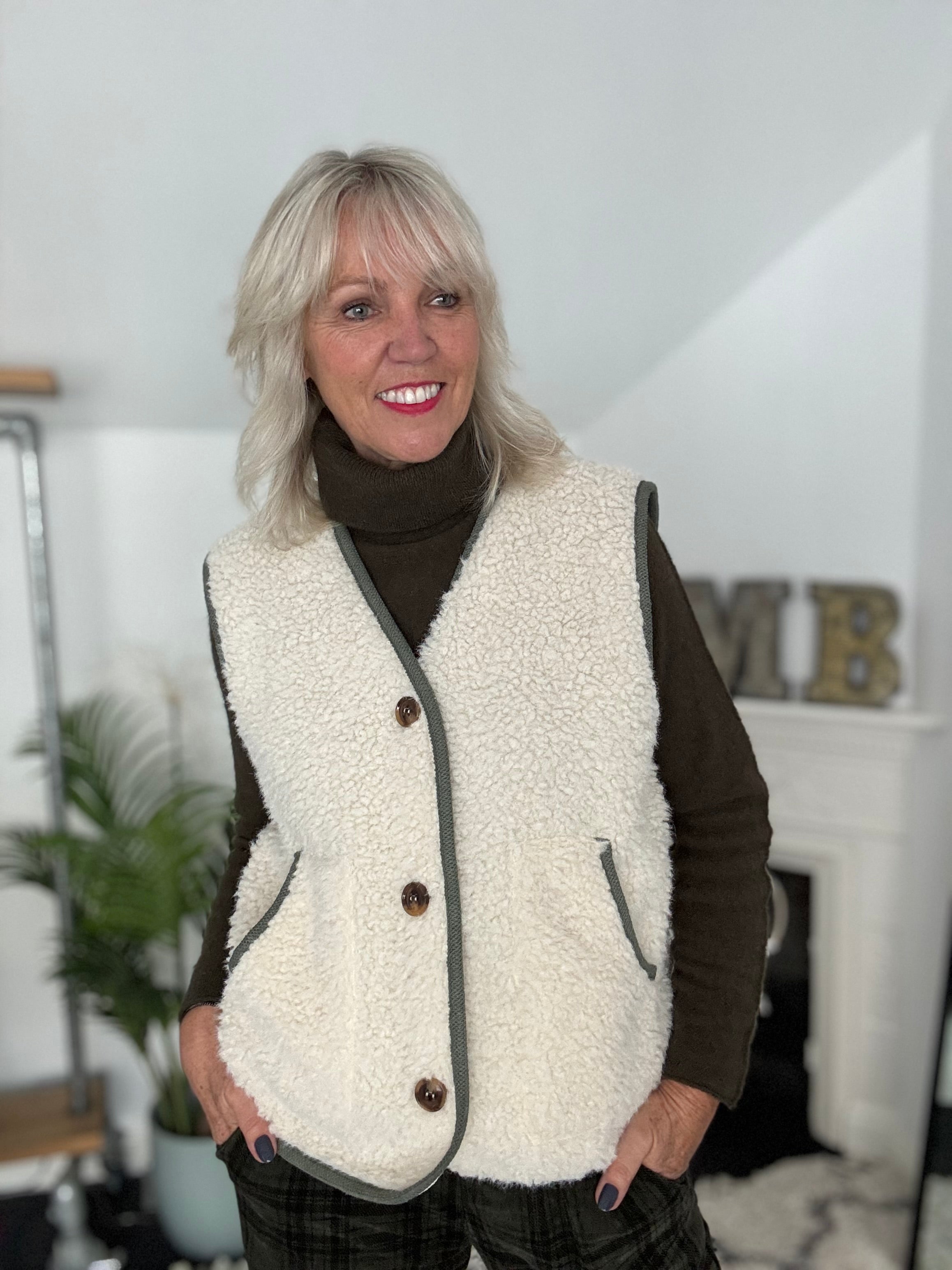Sheepskin Borg Gilet with Khaki Trim