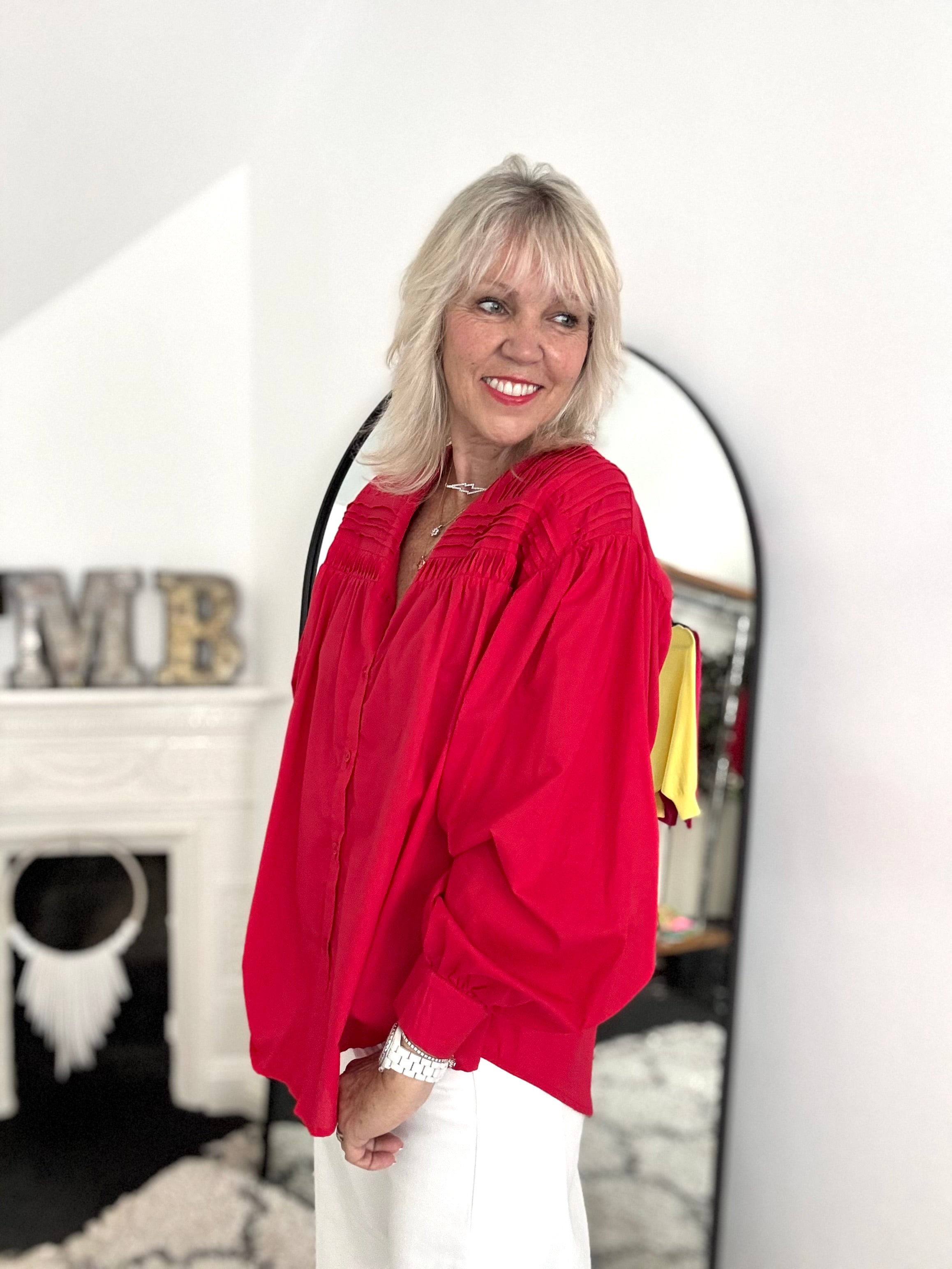 Pintucked Cotton Shirt in Red