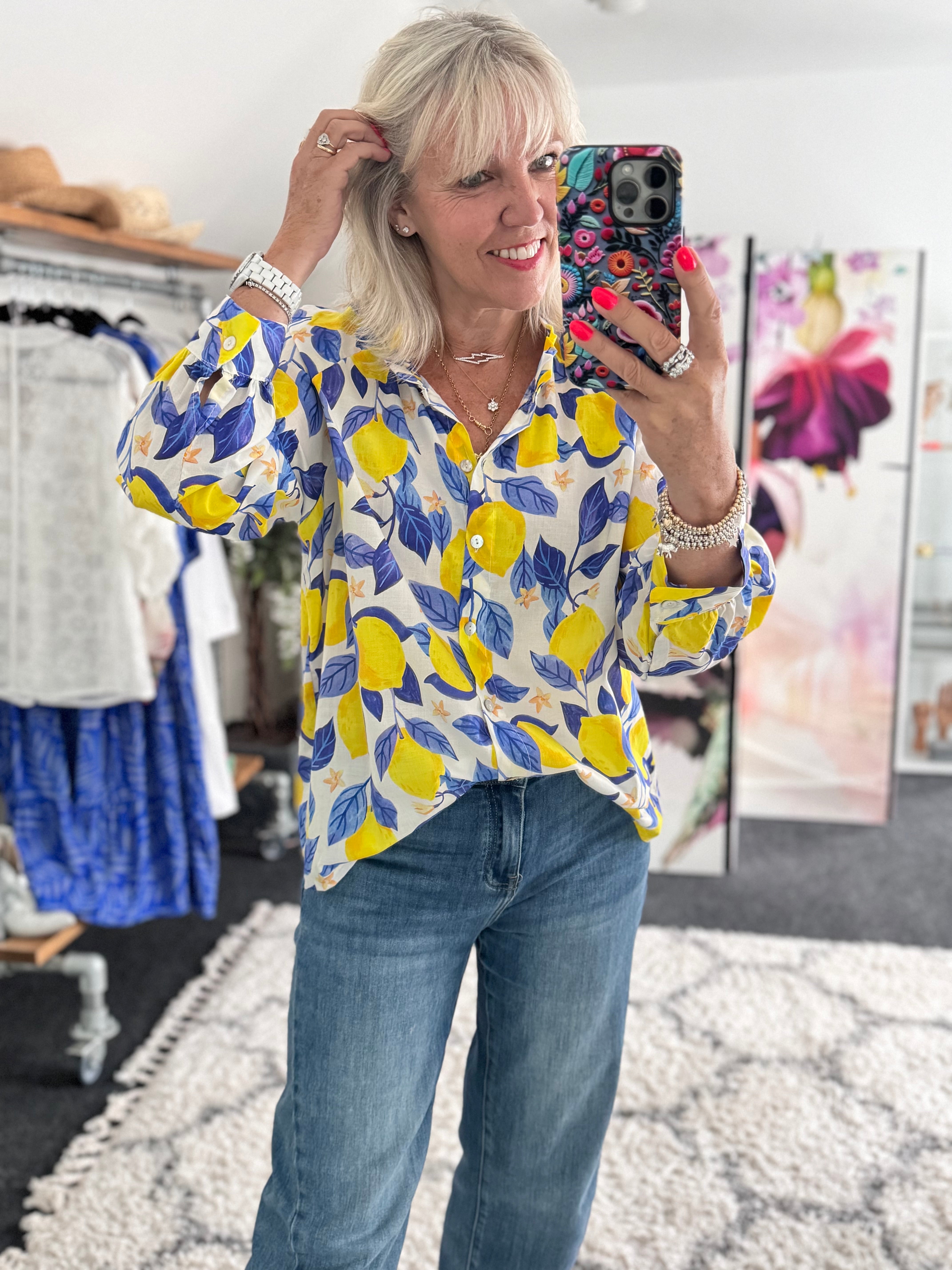 Lemons Blouse in Blue & Yellow