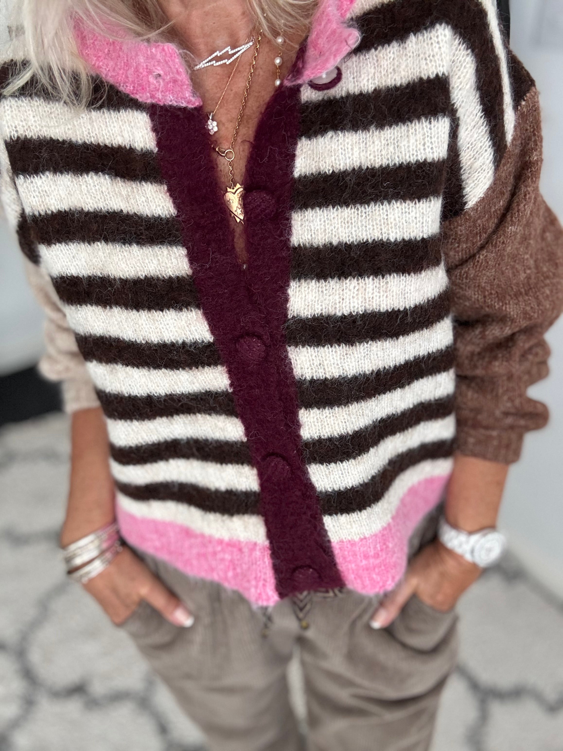 Stripe Mohair Cardi in Pink & Cocoa