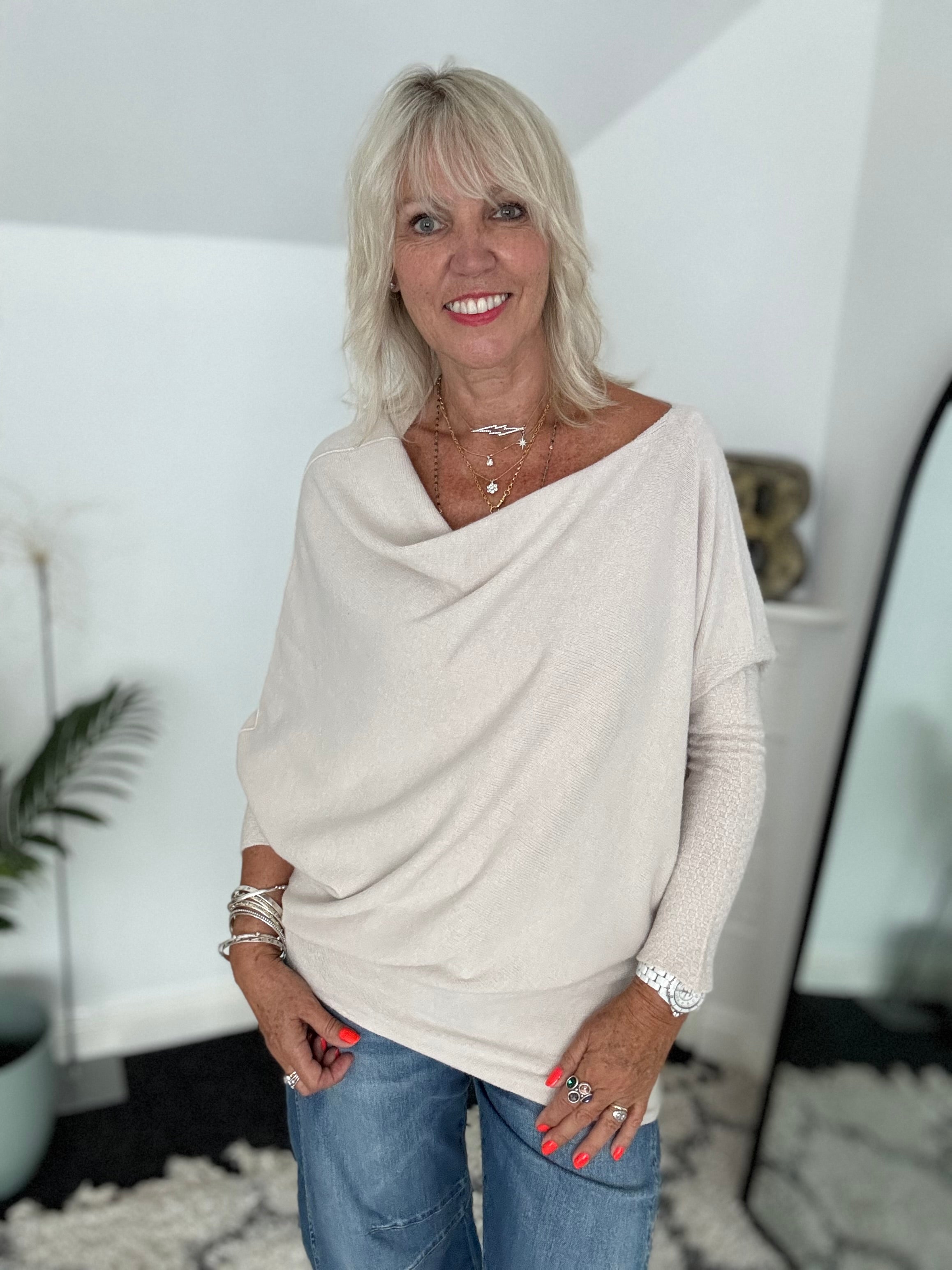 Cowl Neck Asymmetric Jumper in Ecru