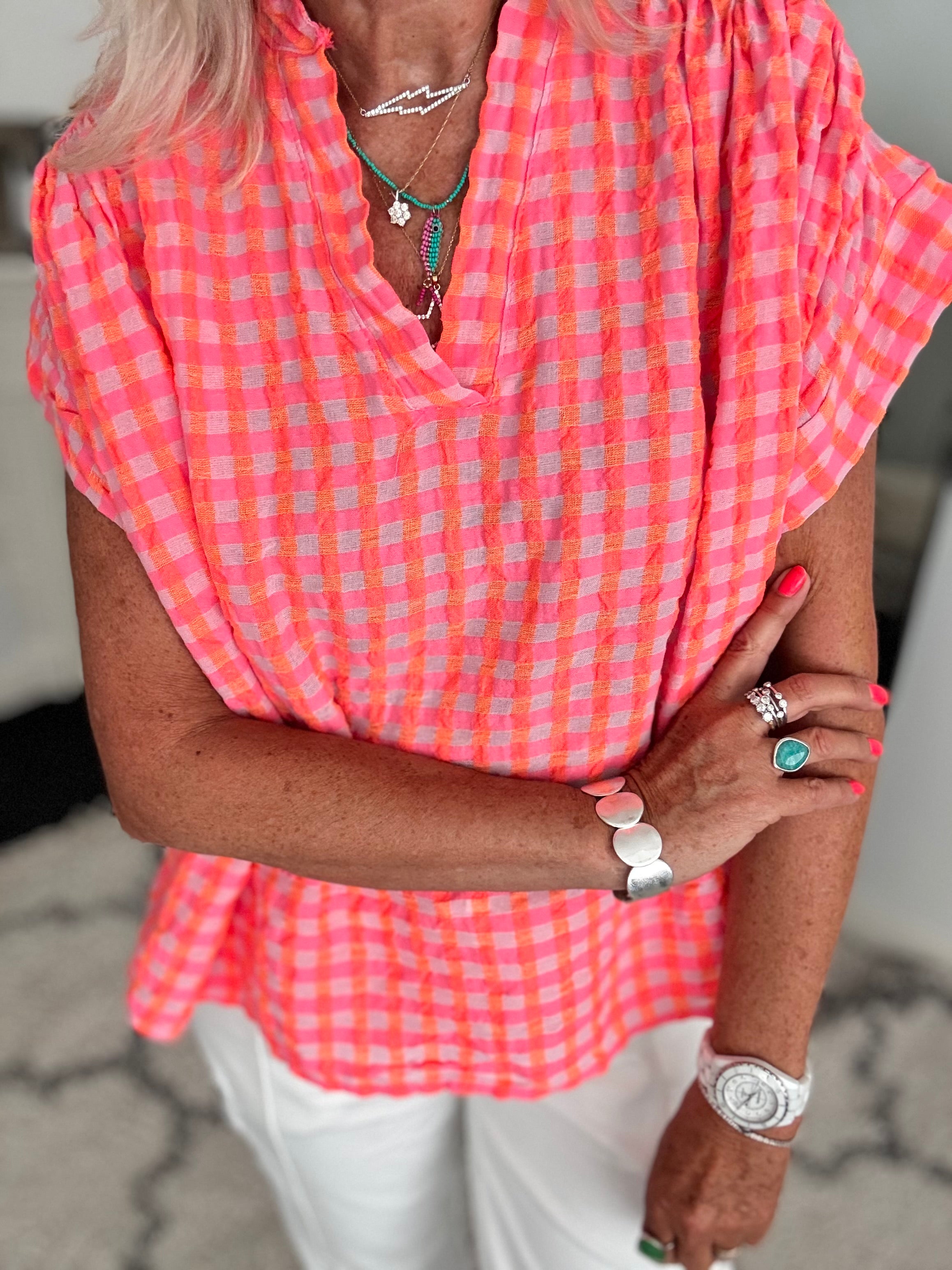 Check Top in Neon Pink & Orange
