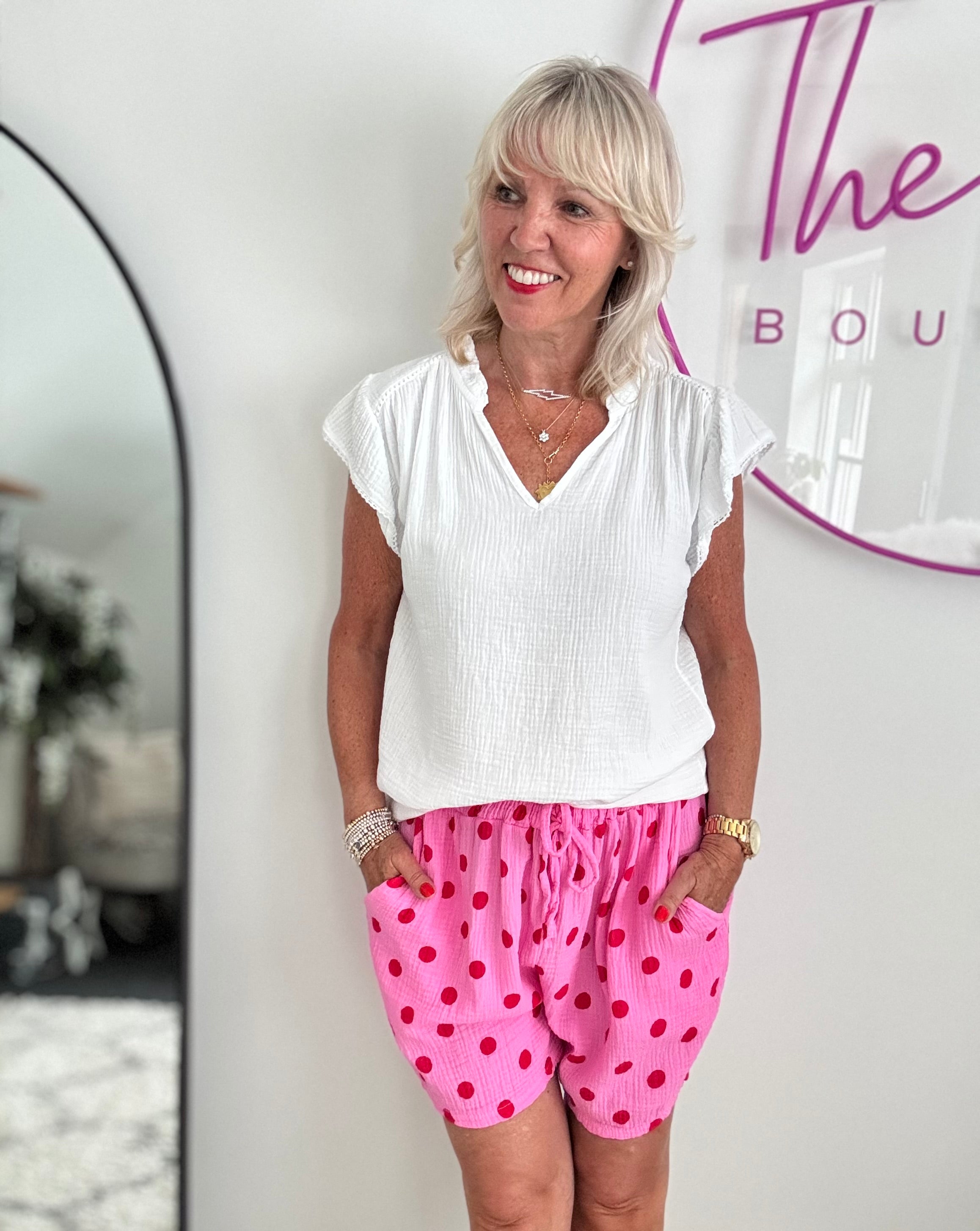 Cheesecloth Spot Shorts in Pink & Red