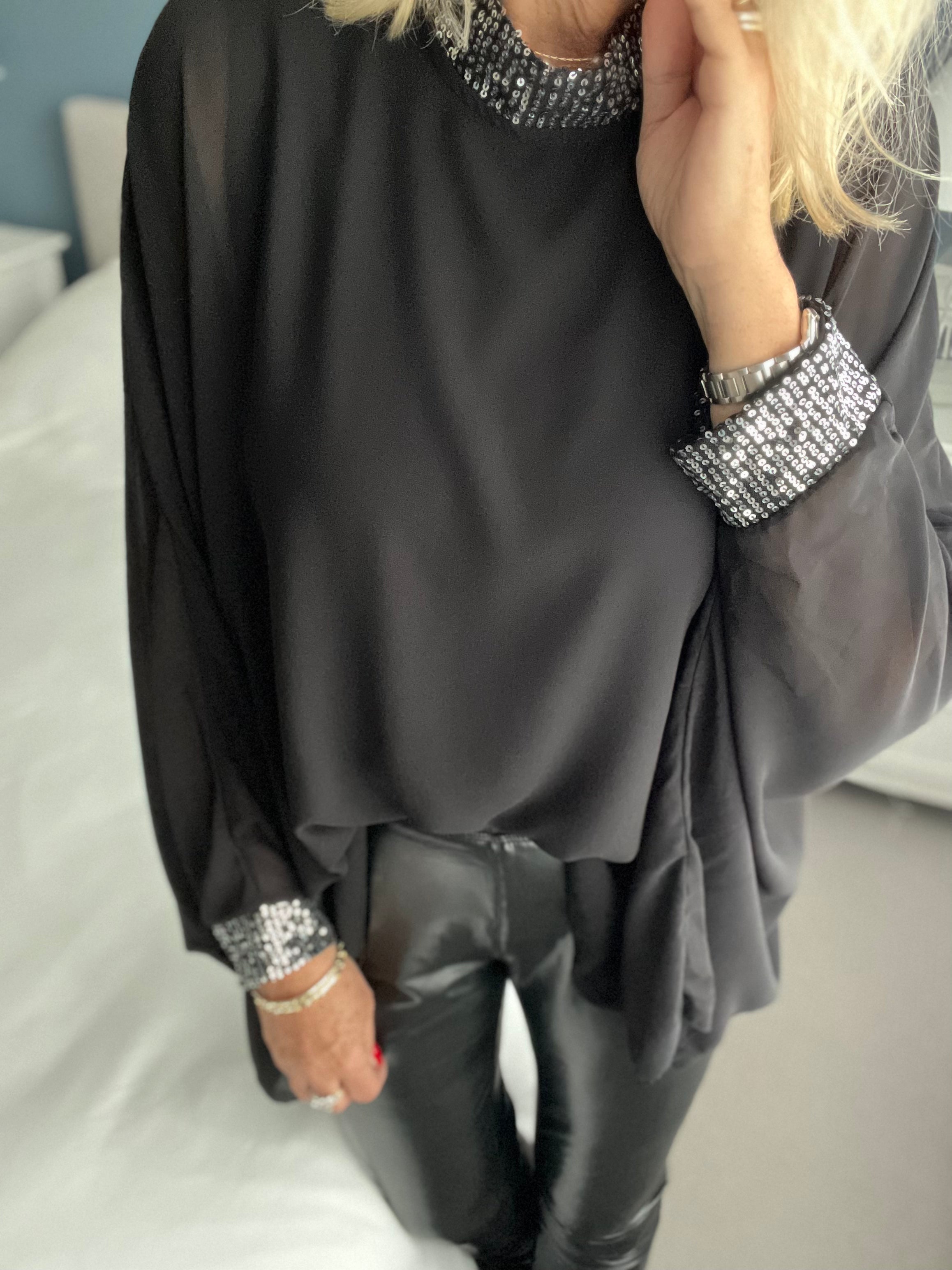 Batwing & Sequin Blouse in Black
