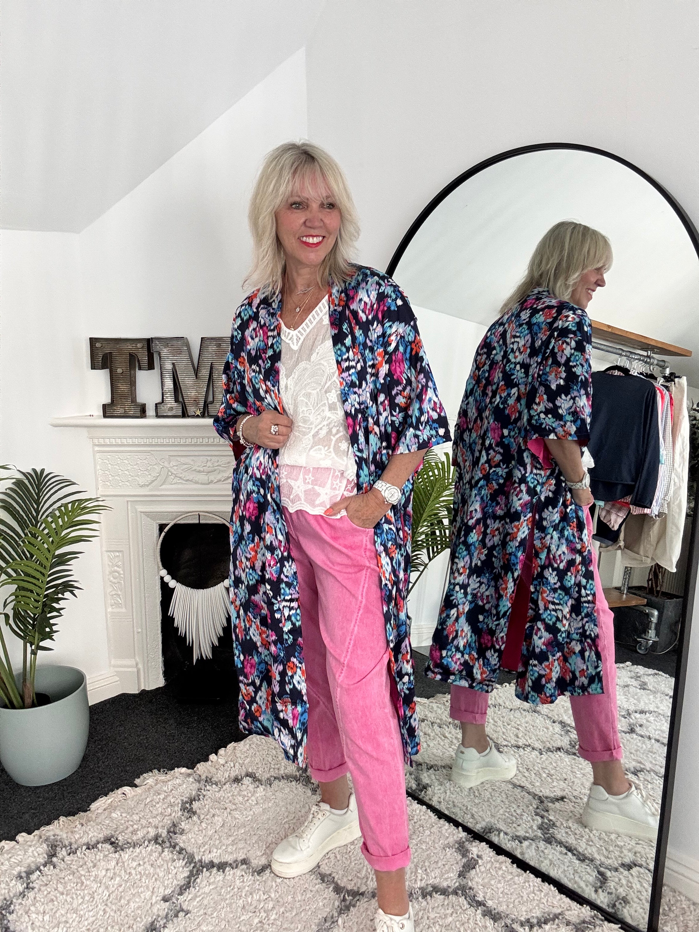 Silky Long Kimono in Blues & Pinks