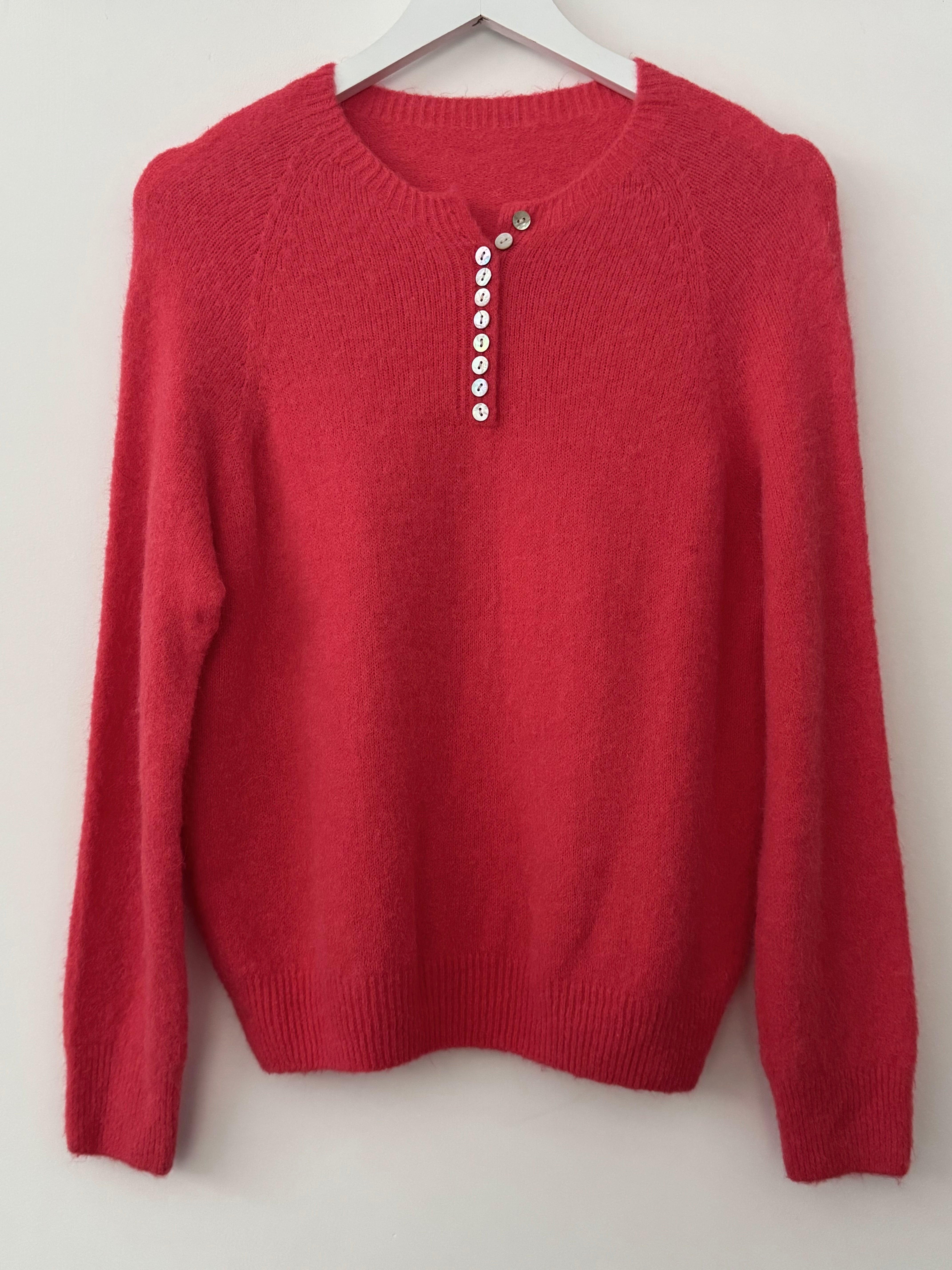 Softie Jumper with Button Neck in Coral Red