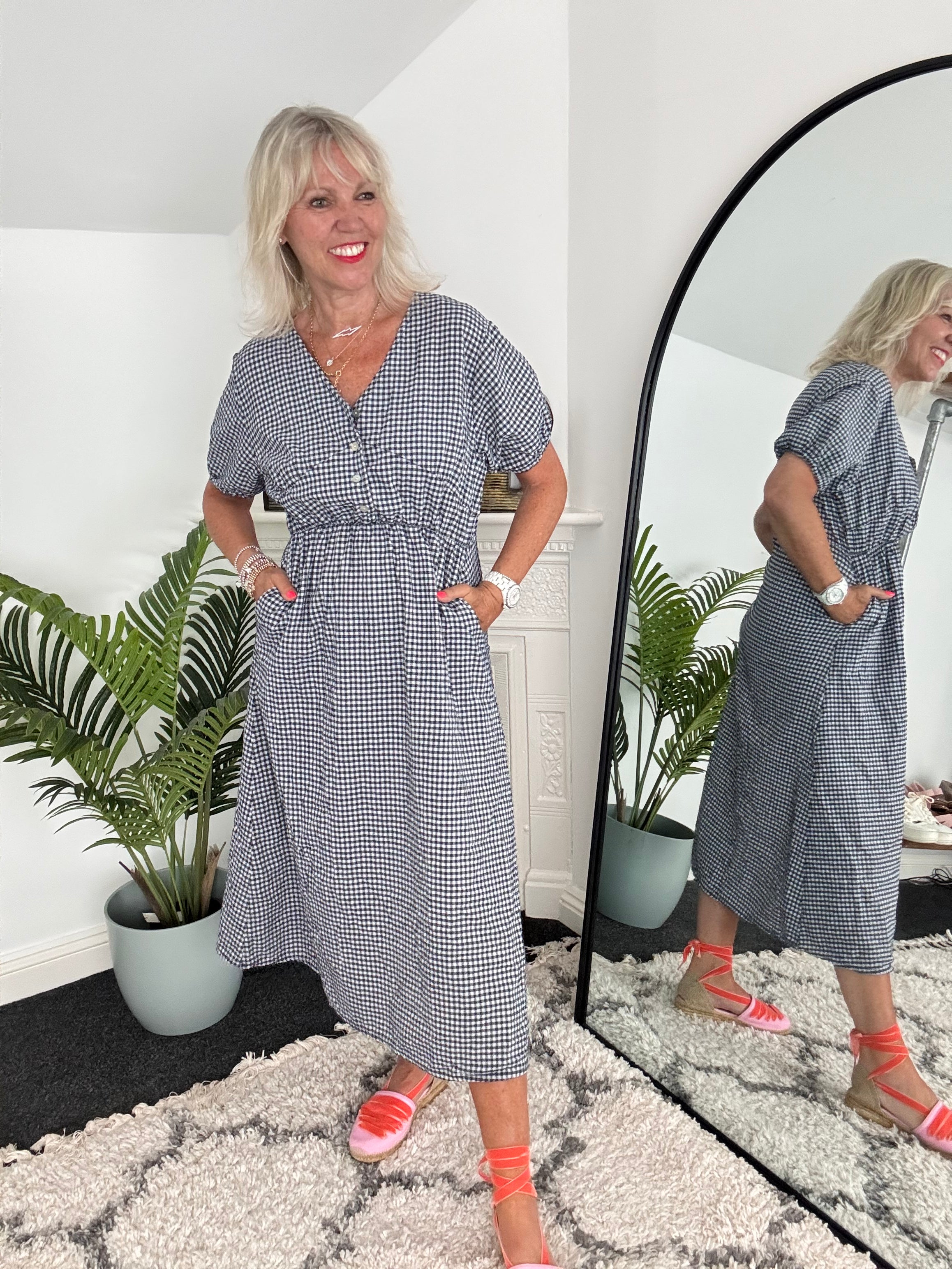Gingham Dress in Navy & White