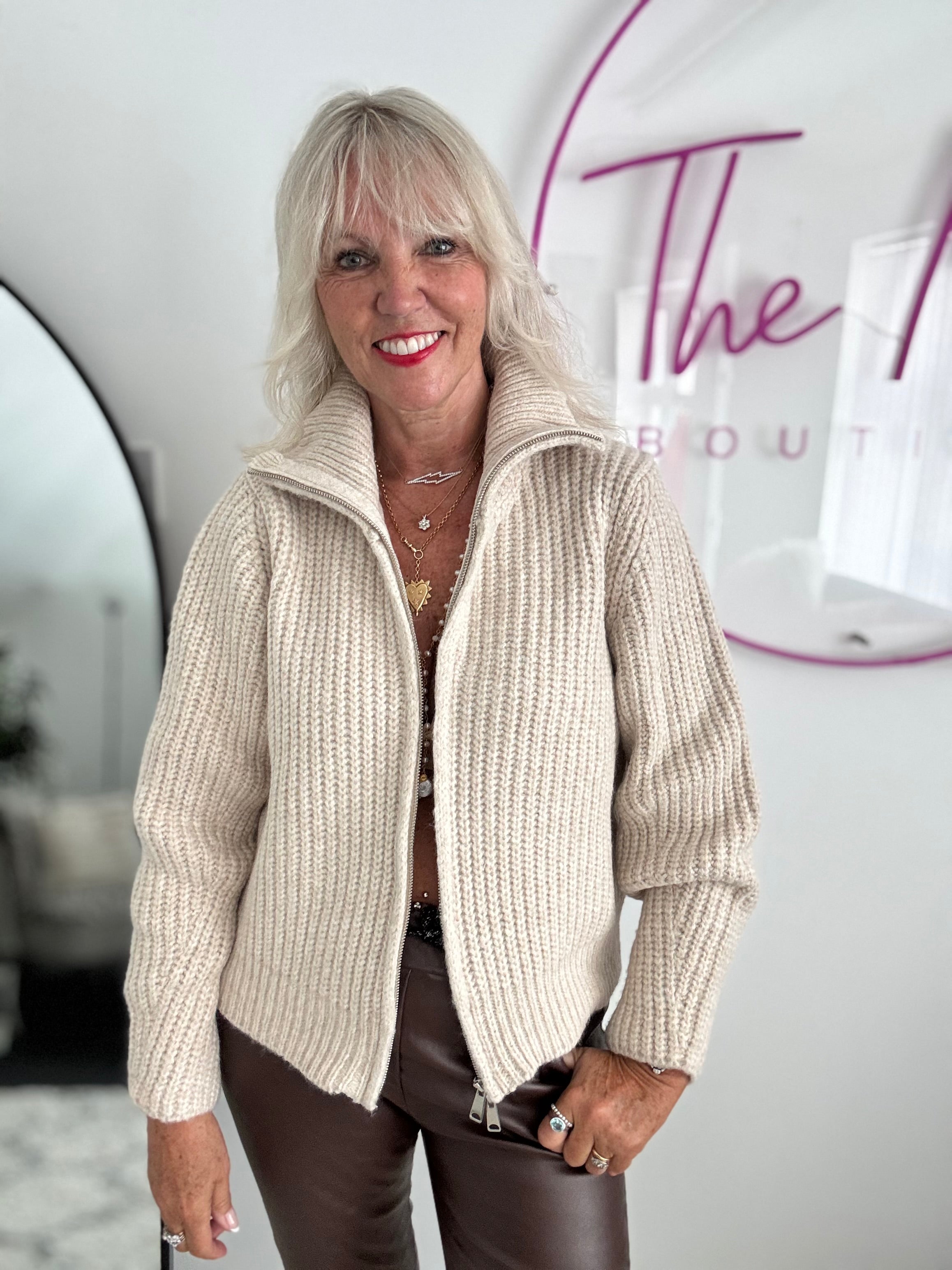 Ribbed Zipped Cardi in Stone