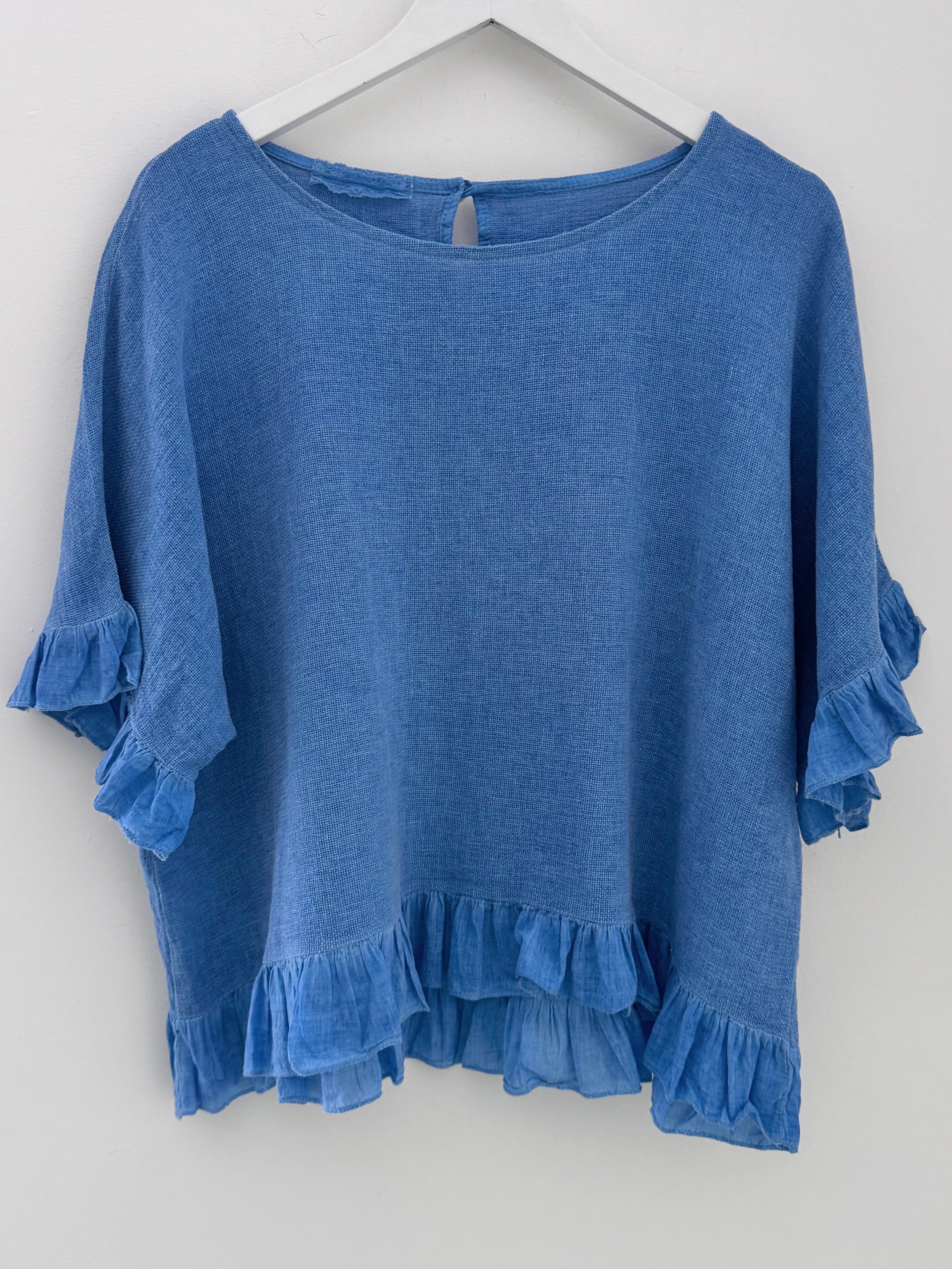 Linen & Cotton Ruffle Edge Top in Sky Blue