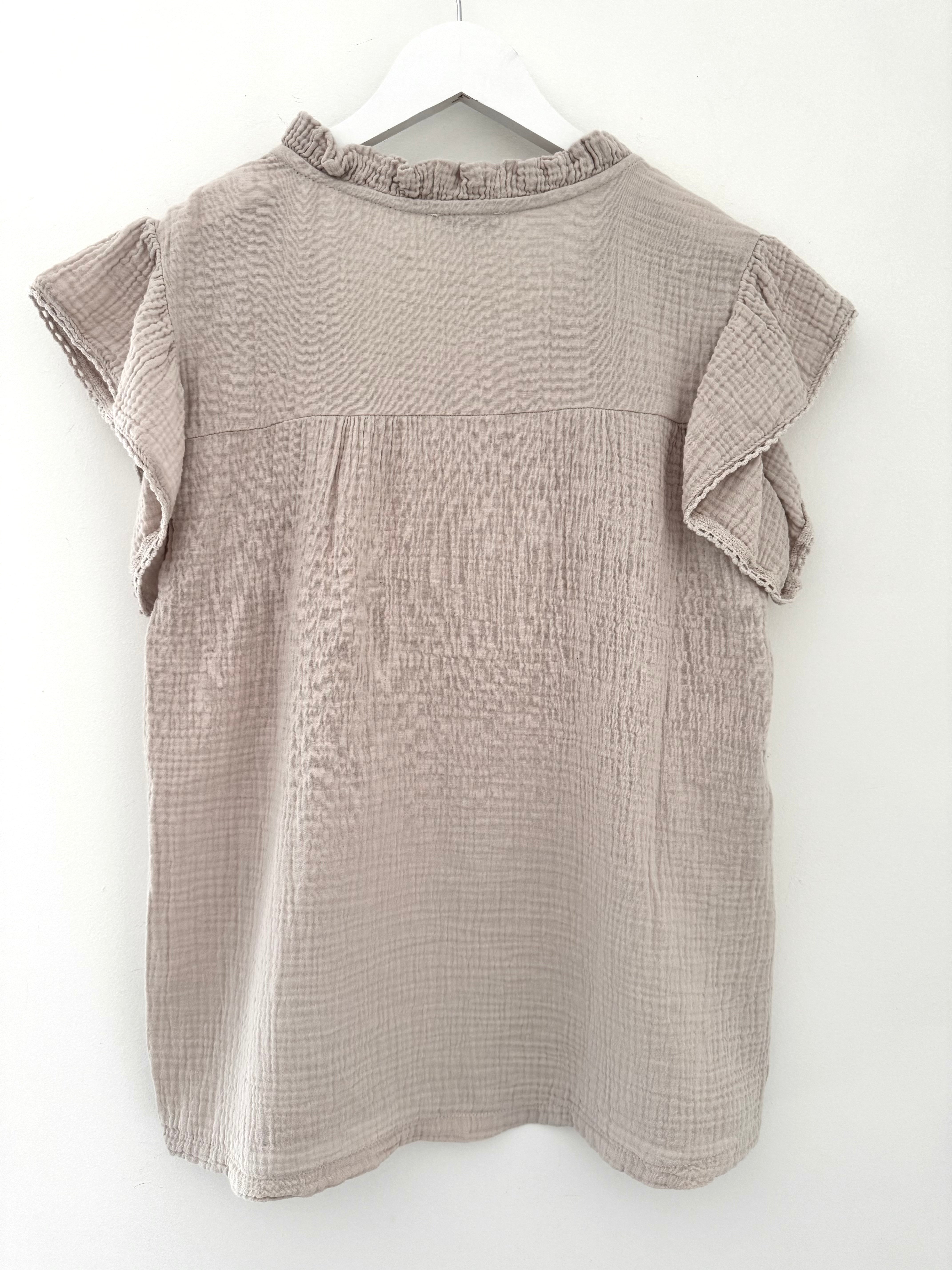 Cheesecloth Top with Ruffle Sleeves in Stone