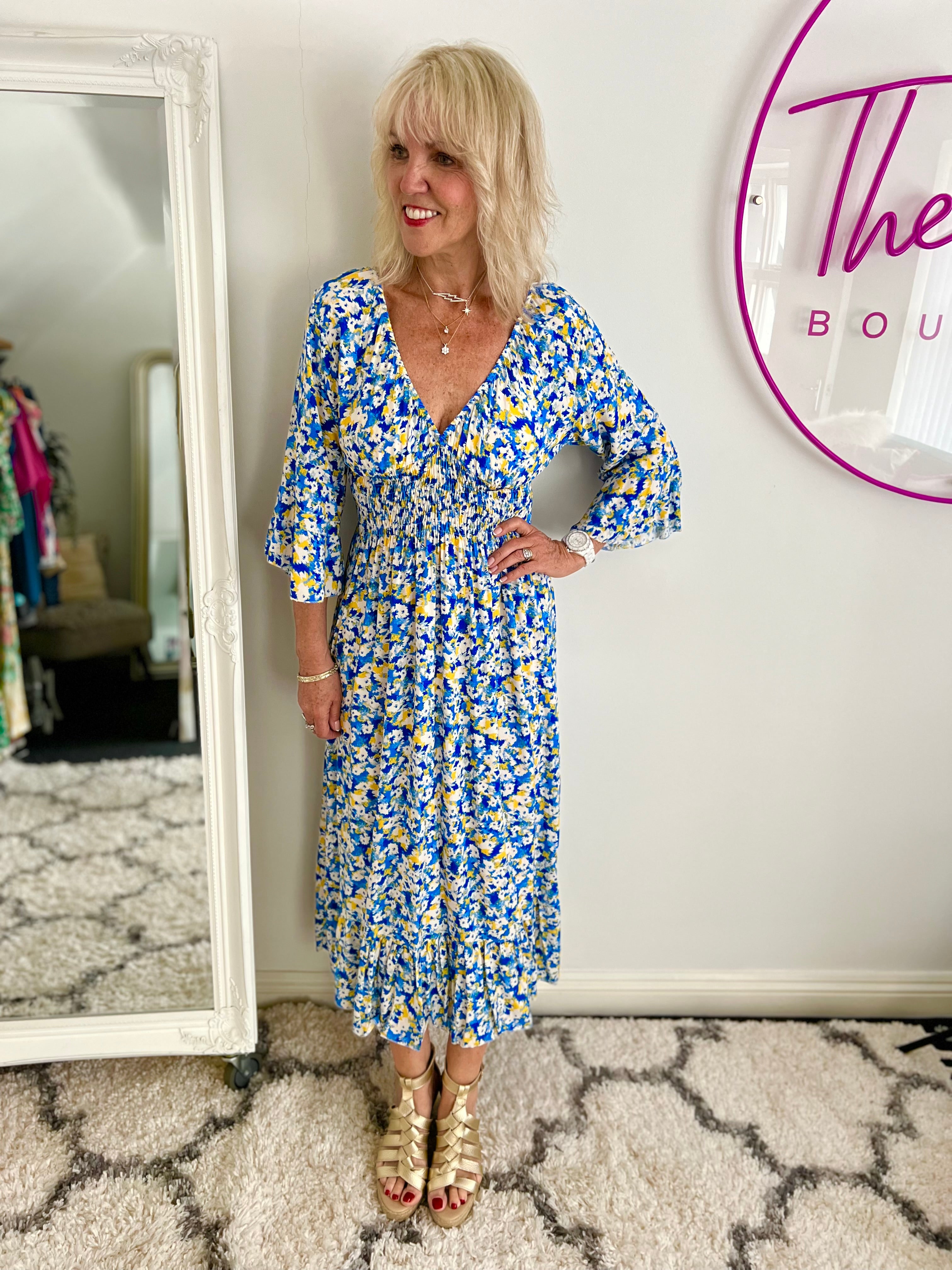 Floral Midi Dress in Blue & Yellow
