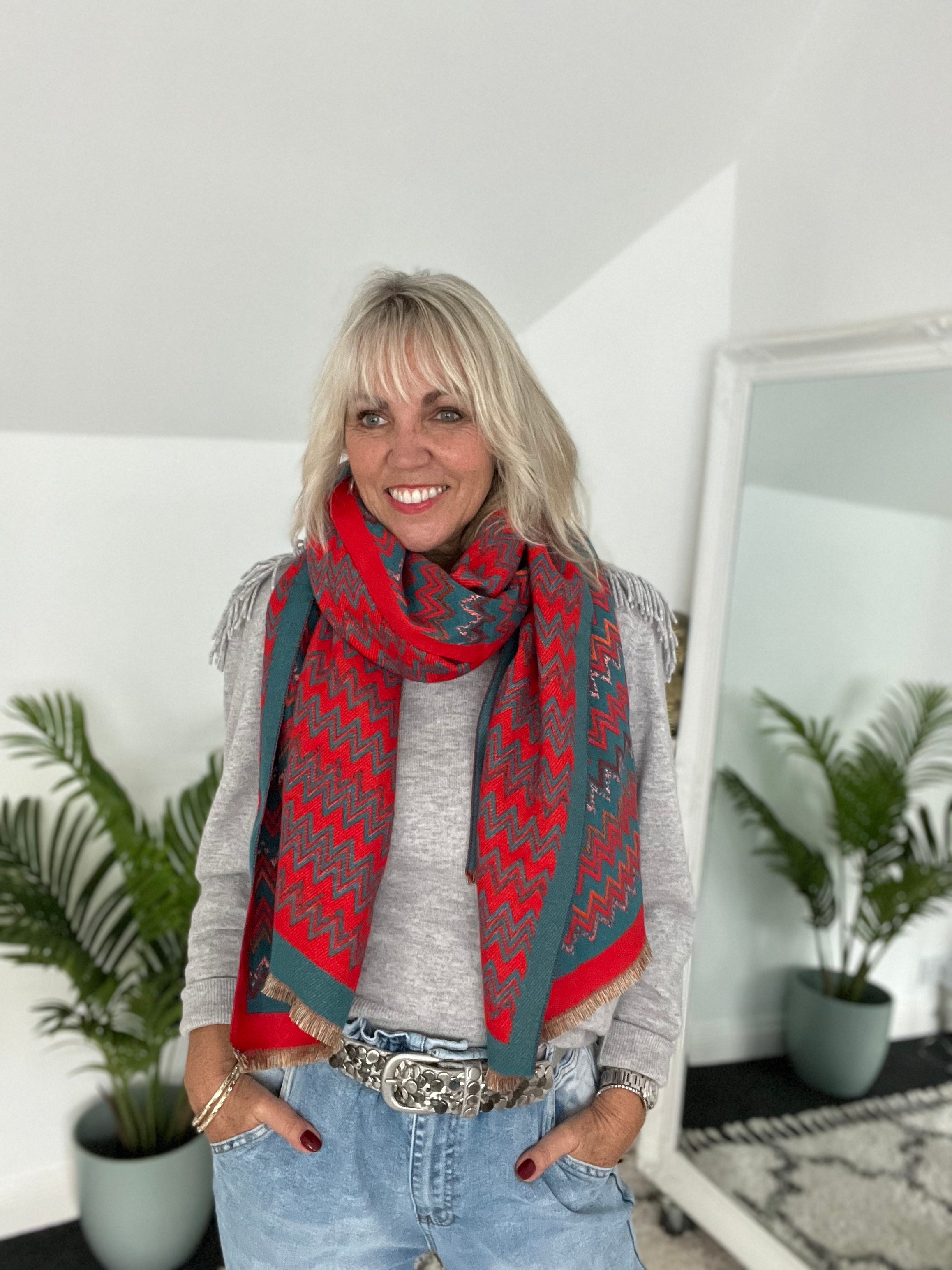 Teal & Red Zig Zag Knitted Scarf