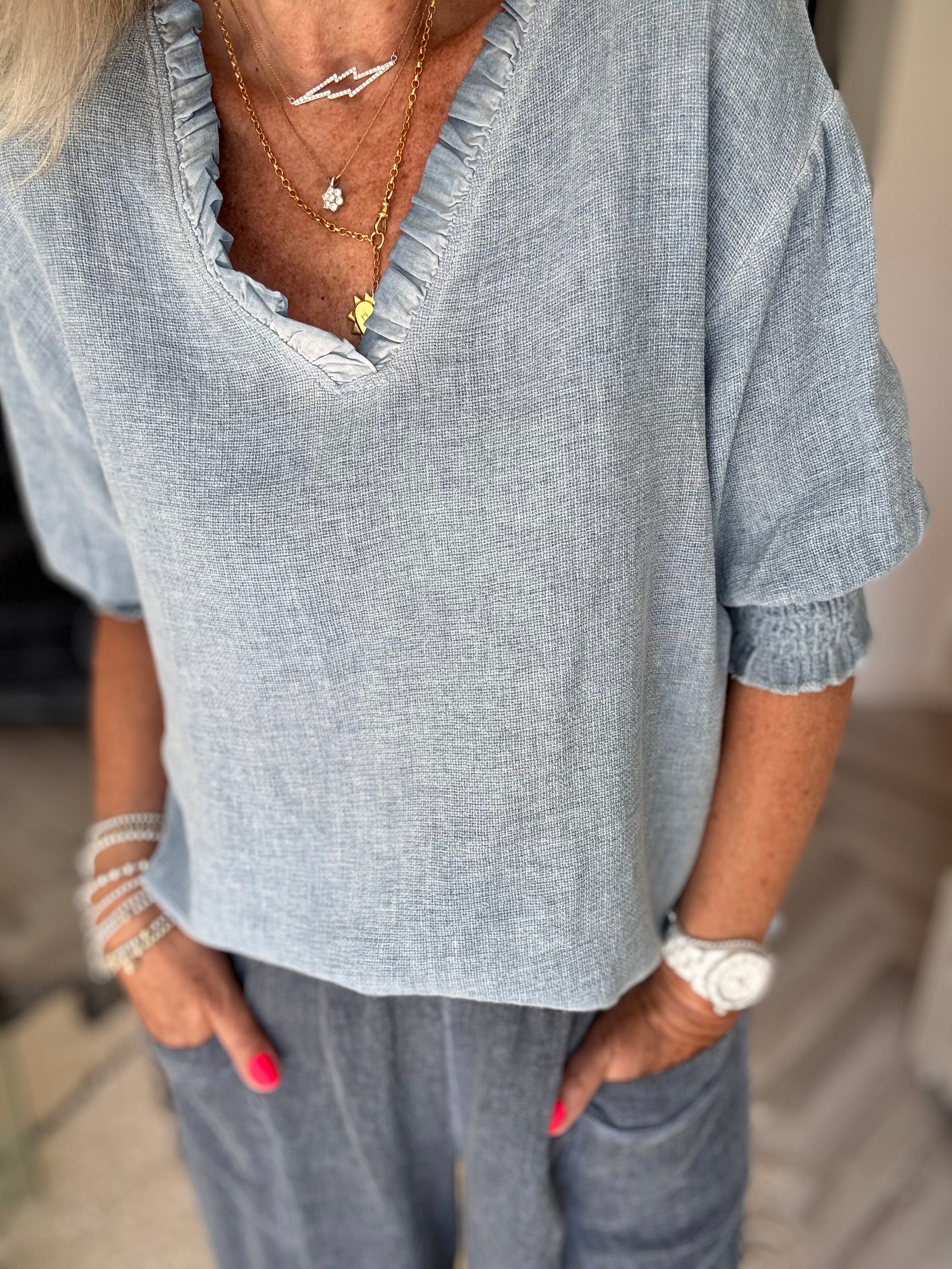 Linen & Cotton Top in Faded Blue