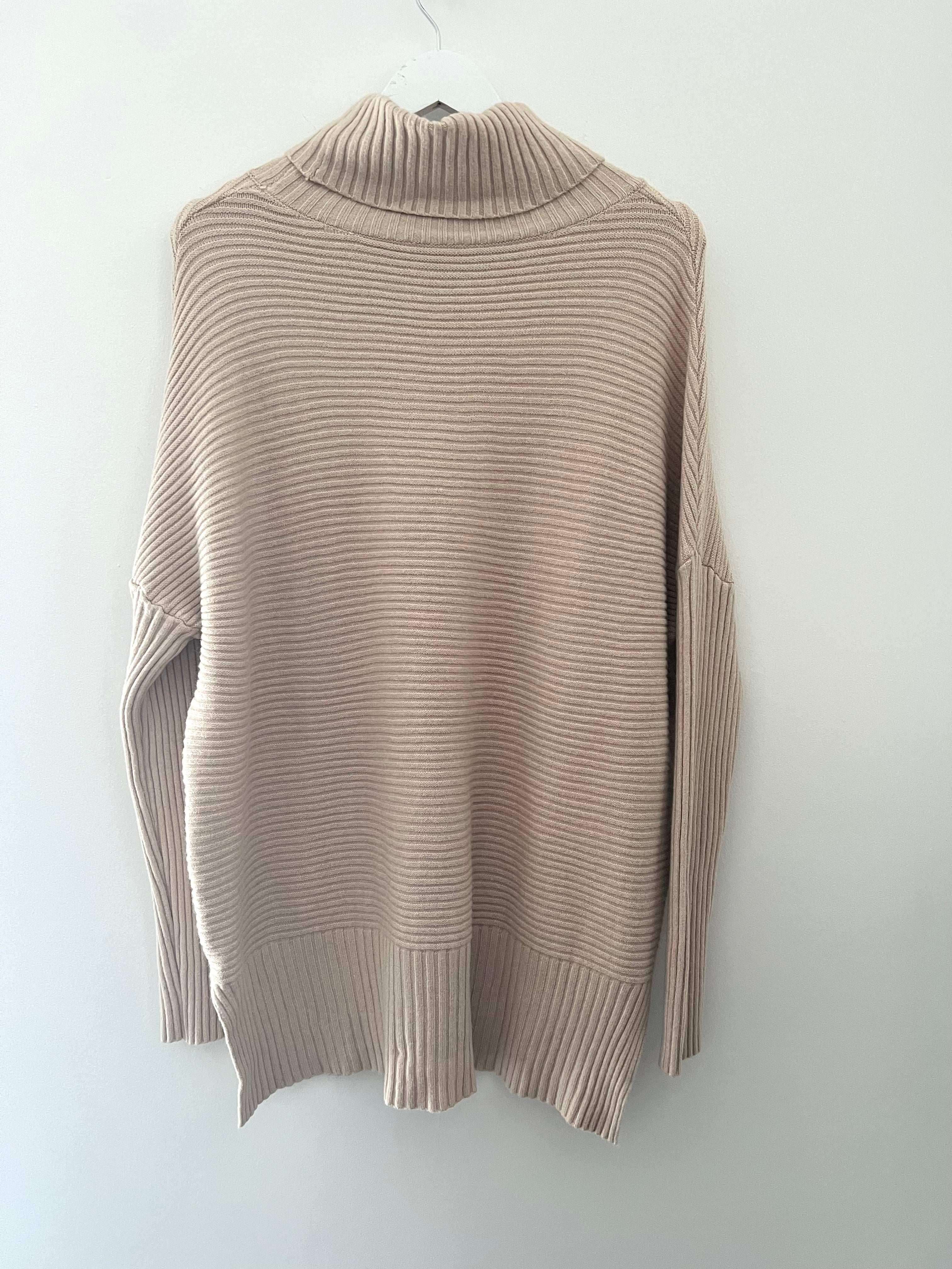 Ribbed Roll Neck Poncho Jumper In Stone