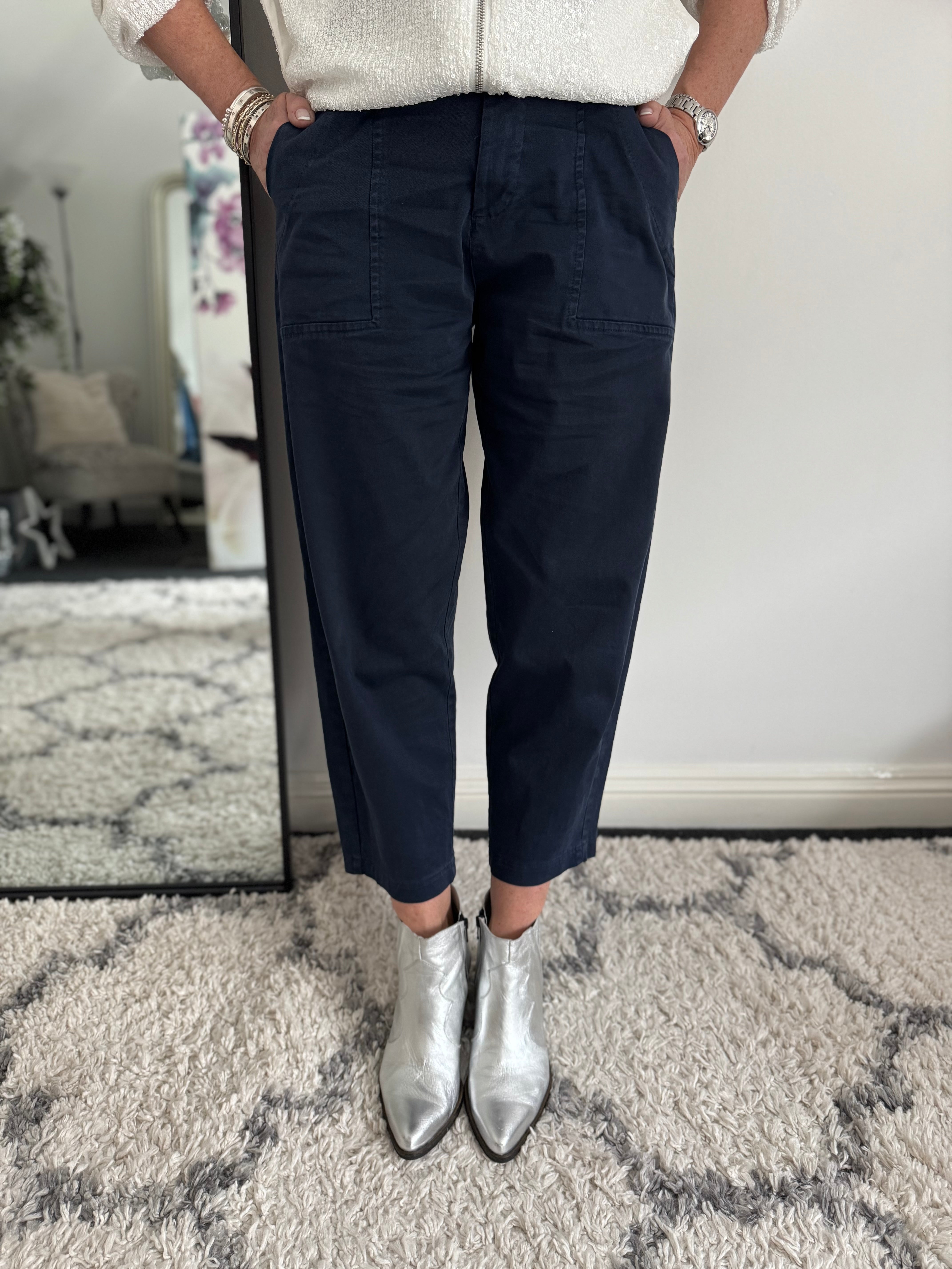 Slim Barrel Leg Trousers in Navy