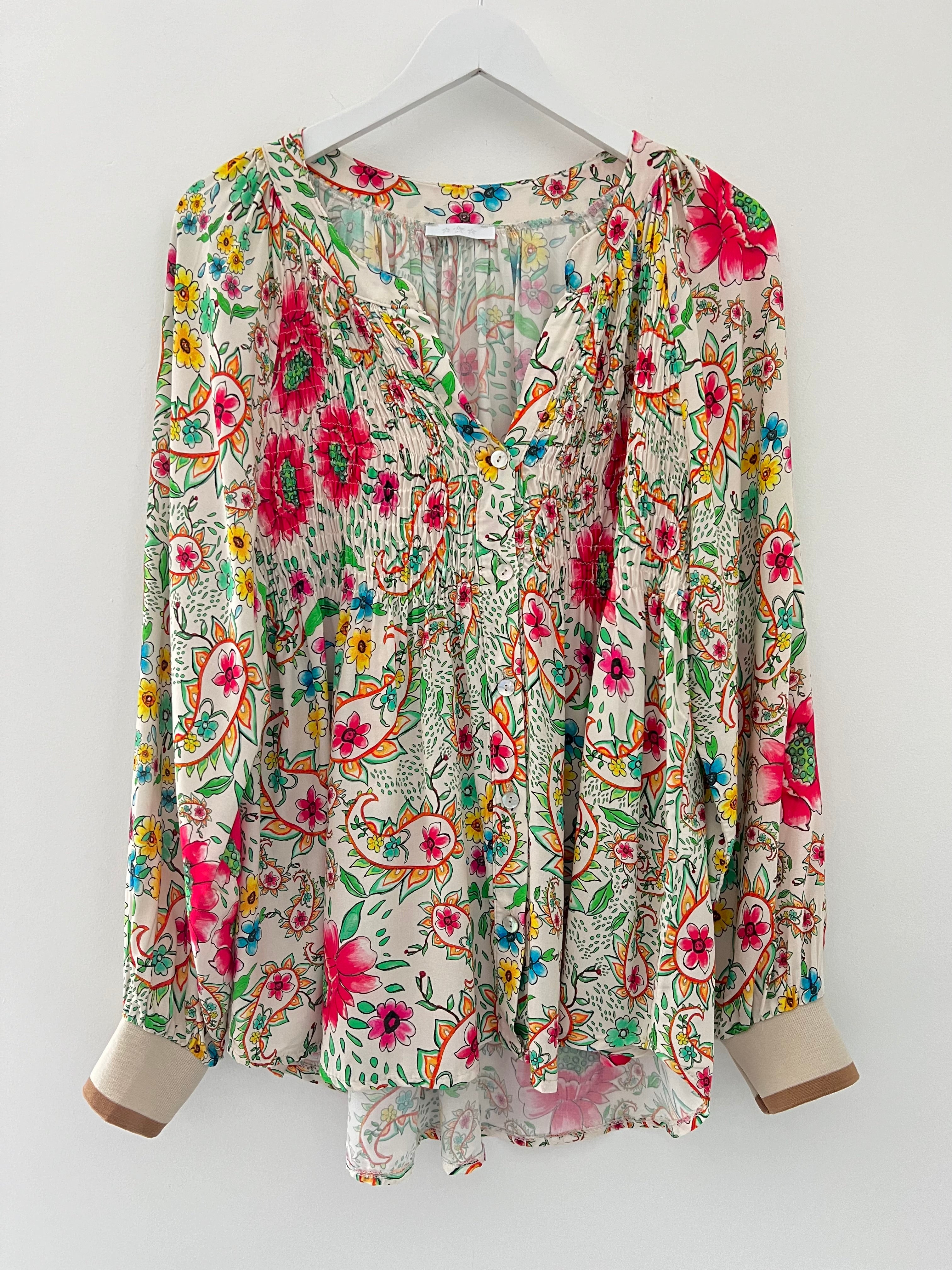 Floral Blouse with Elasticated Cuffs in Stone