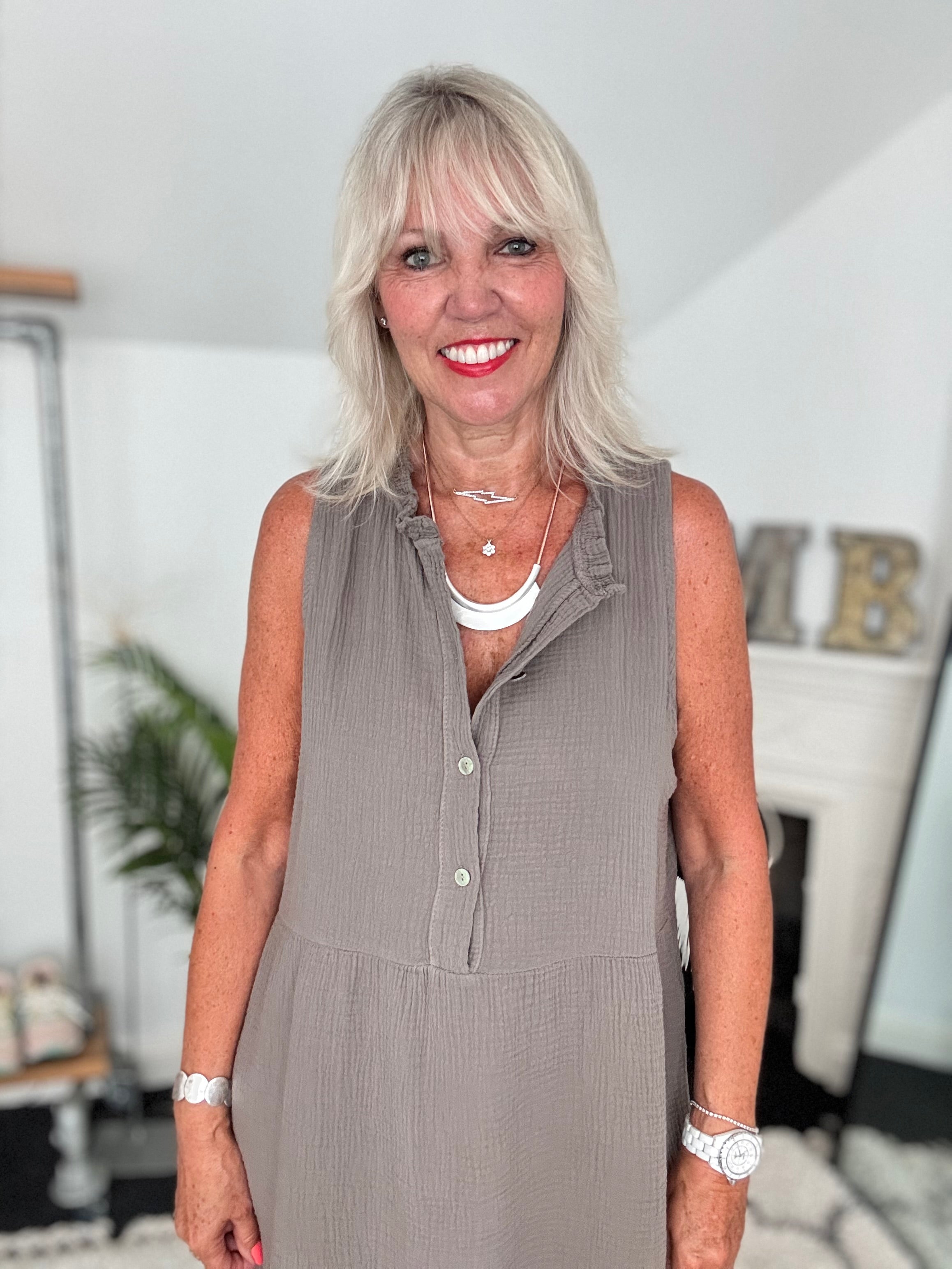 Cheesecloth Dress with Button Front in Mocha