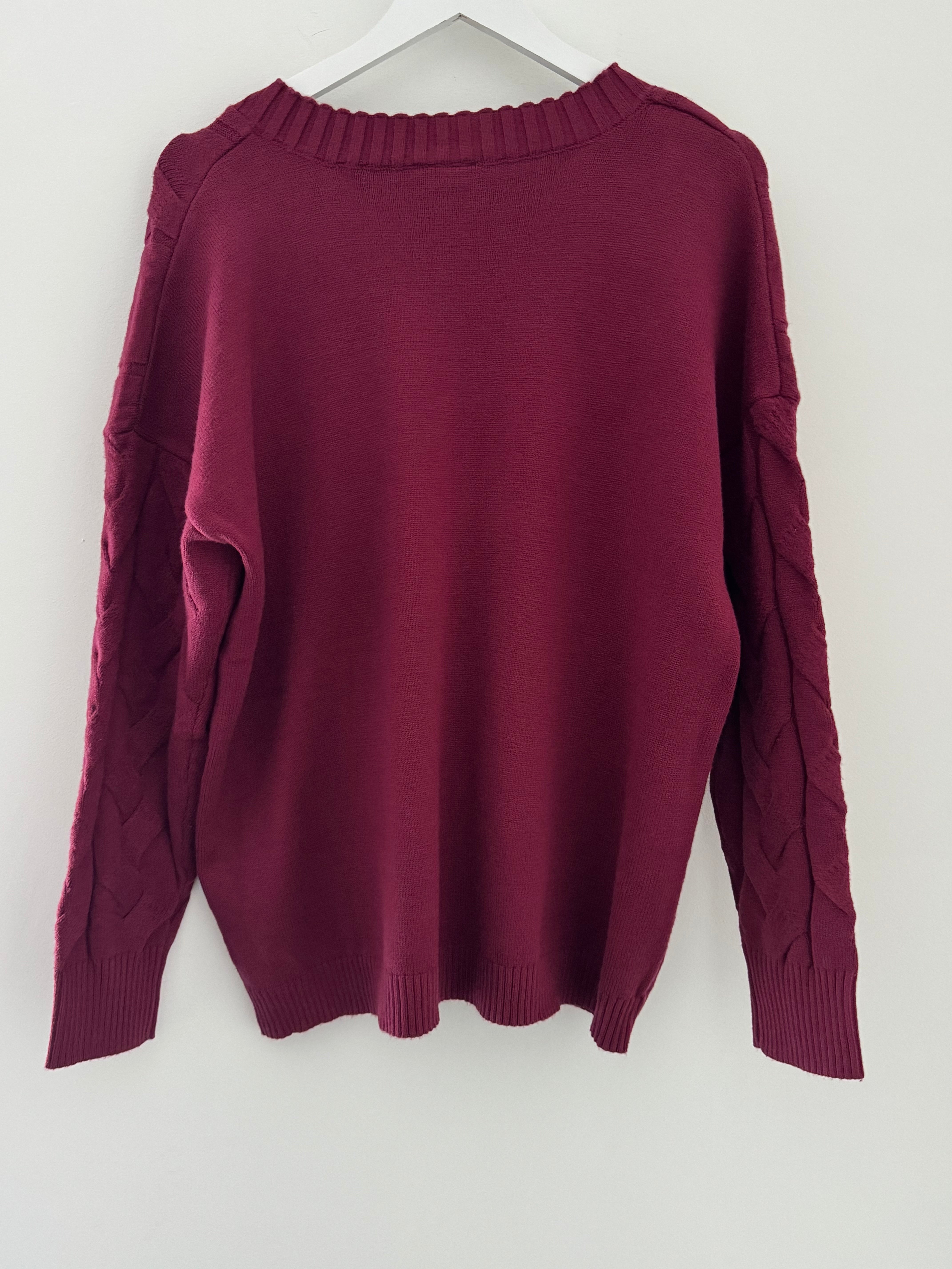 V Neck Cable Jumper in Berry