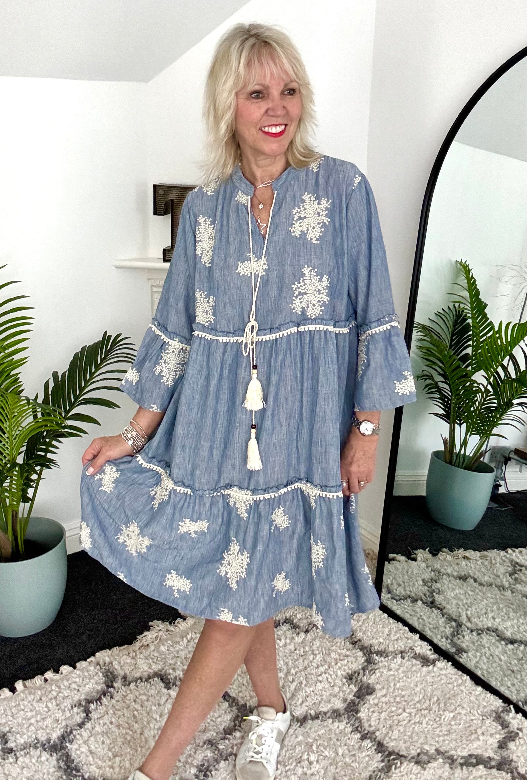 Embroidered Tiered Dress in Blue & White