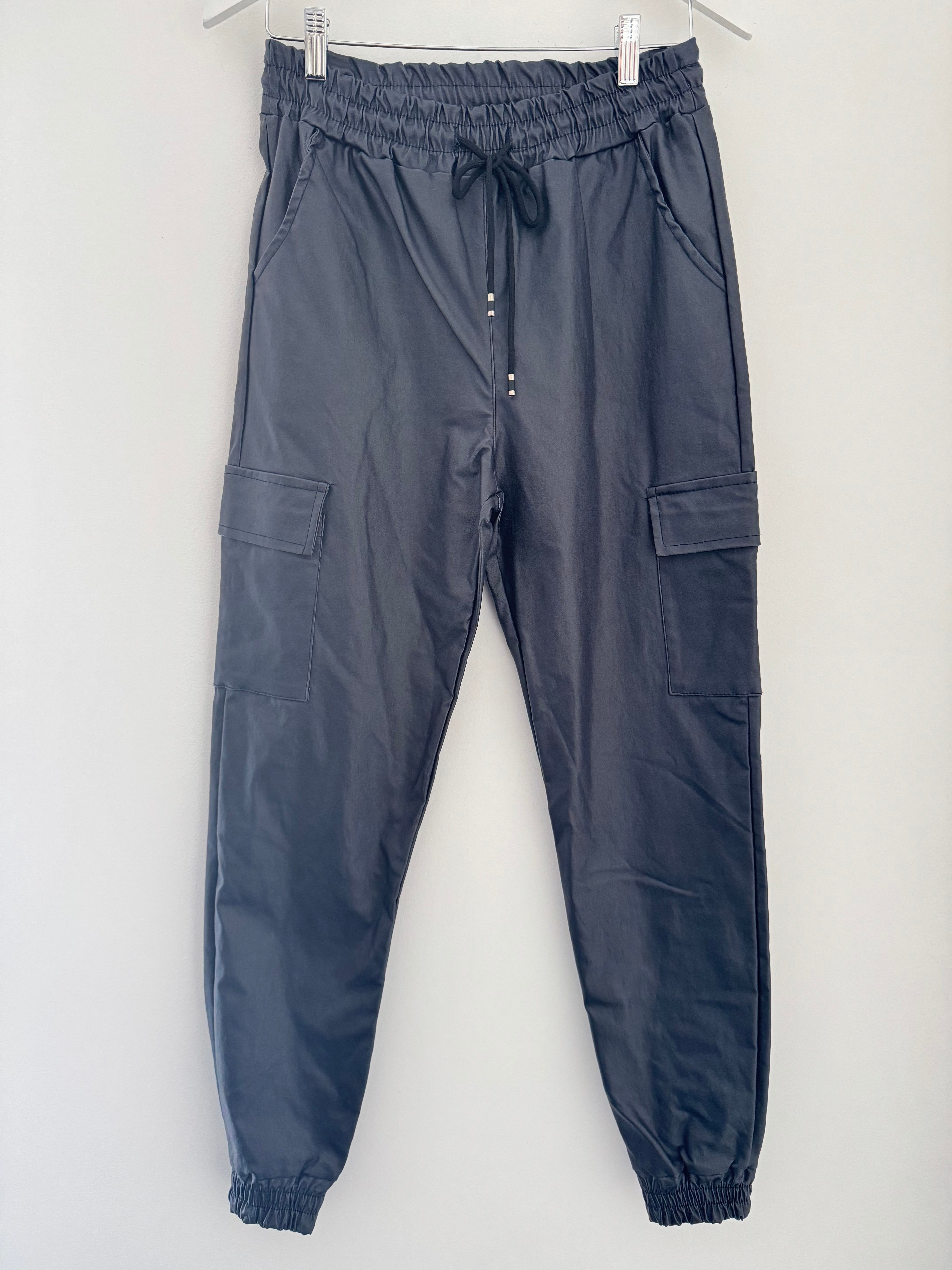 Leather Look Cargo Joggers in Midnight